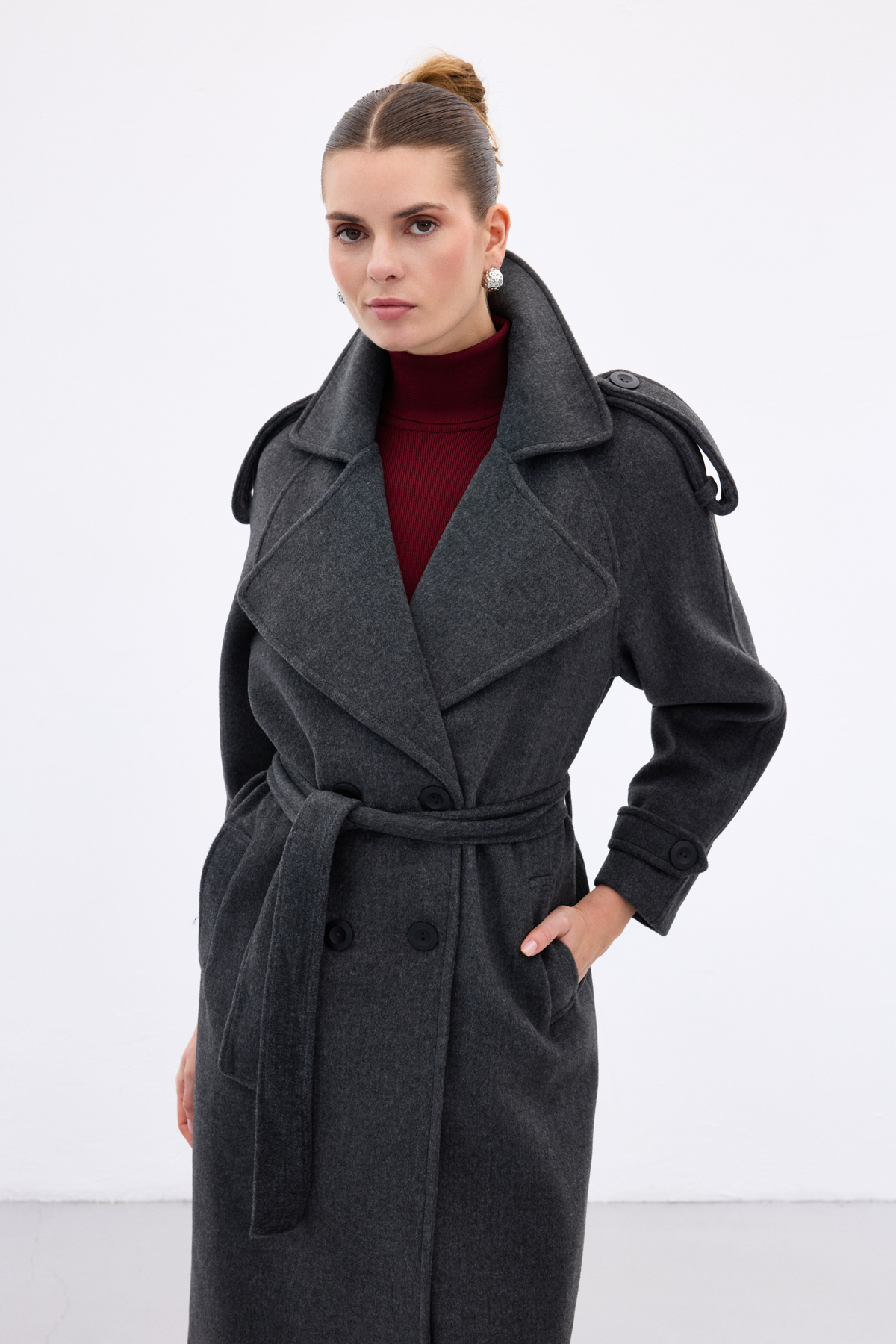 Sateen  Geniş Yaka Uzun Kaban - Antrasit - Görsel 8