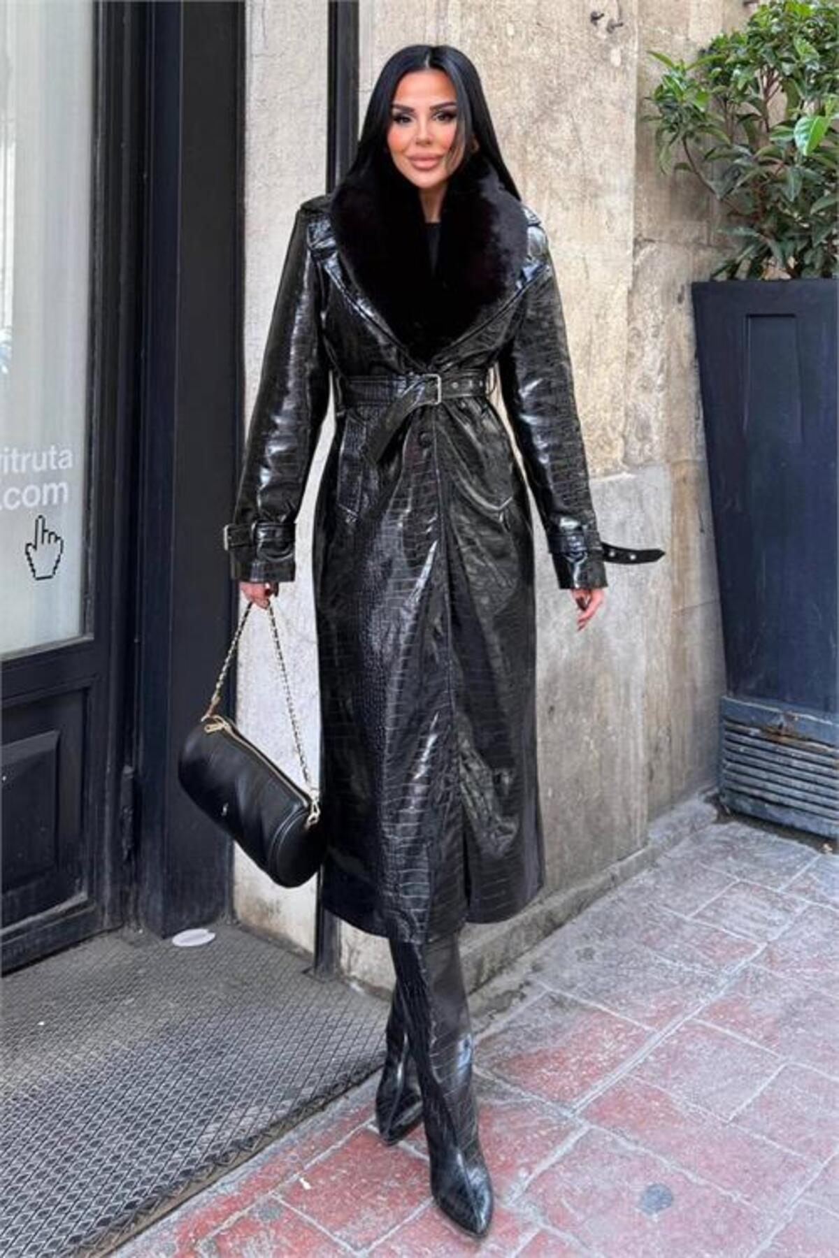 women's croco leather collar removable fur detail belted full length coat NBSTR1040