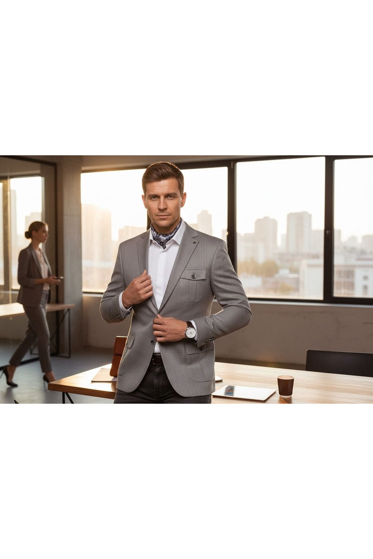 Plus Scorpion  Erkek Slim Fit Gri Blazer Ceket – Tek Düğmeli – Kapaklı Cepli – Şık Kumaş Dokulu – Günlük & Ofis Kom - Görsel 6