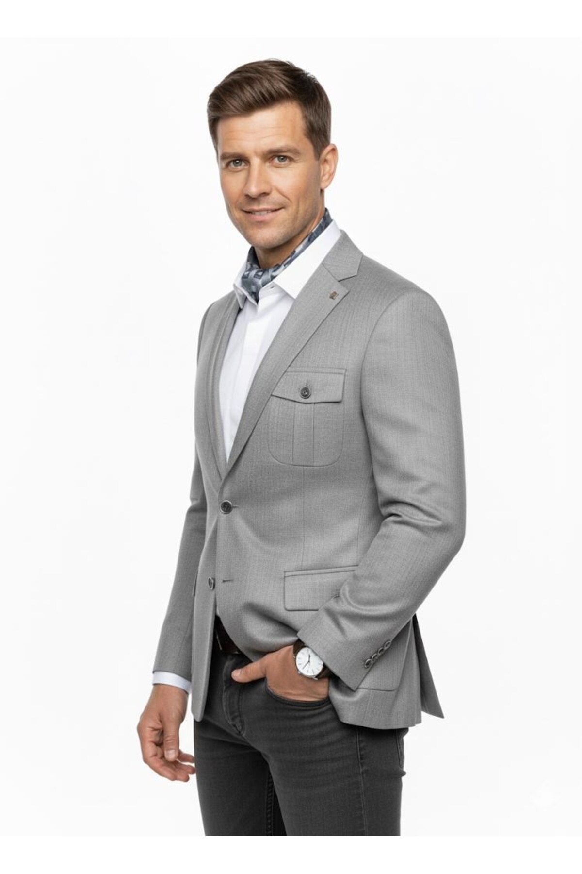 Plus Scorpion  Erkek Slim Fit Gri Blazer Ceket – Tek Düğmeli – Kapaklı Cepli – Şık Kumaş Dokulu – Günlük & Ofis Kom - Görsel 3