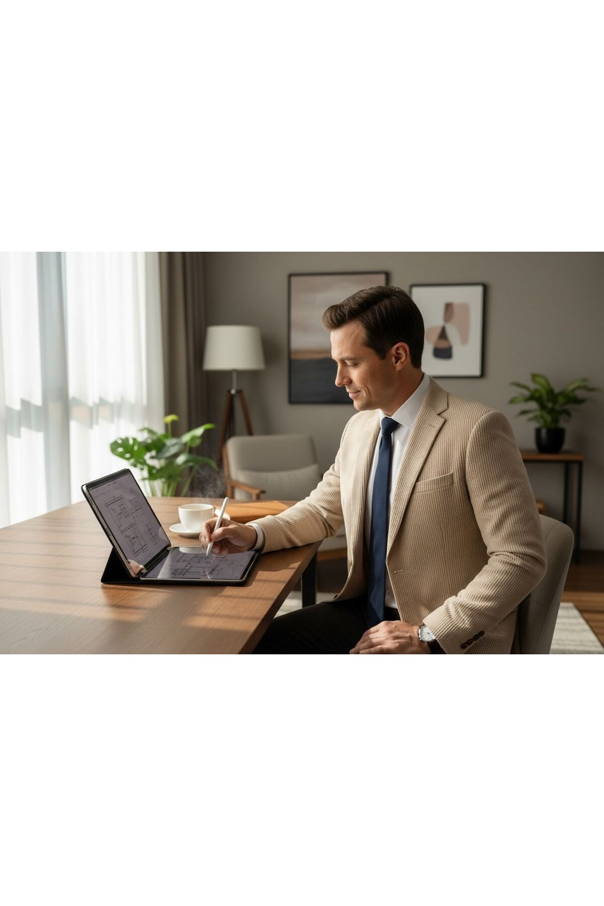 Plus Scorpion  Erkek Bej Slim Fit Blazer Ceket – Çizgili Dokulu Kumaş – Çift Düğmeli - Görsel 5