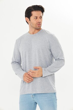 TRENDHİLL Erkek Pamuklu Bisiklet Yaka Uzun Kollu Tişört Gri Melanj 5020-G
