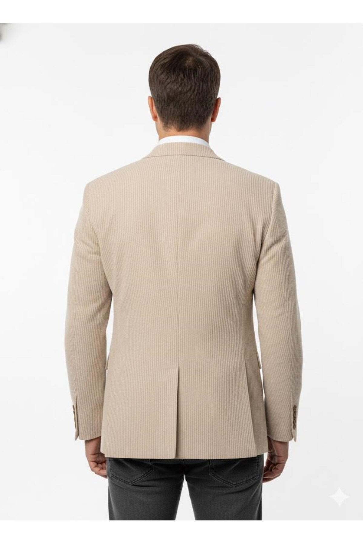 Plus Scorpion  Erkek Bej Slim Fit Blazer Ceket – Çizgili Dokulu Kumaş – Çift Düğmeli - Görsel 3