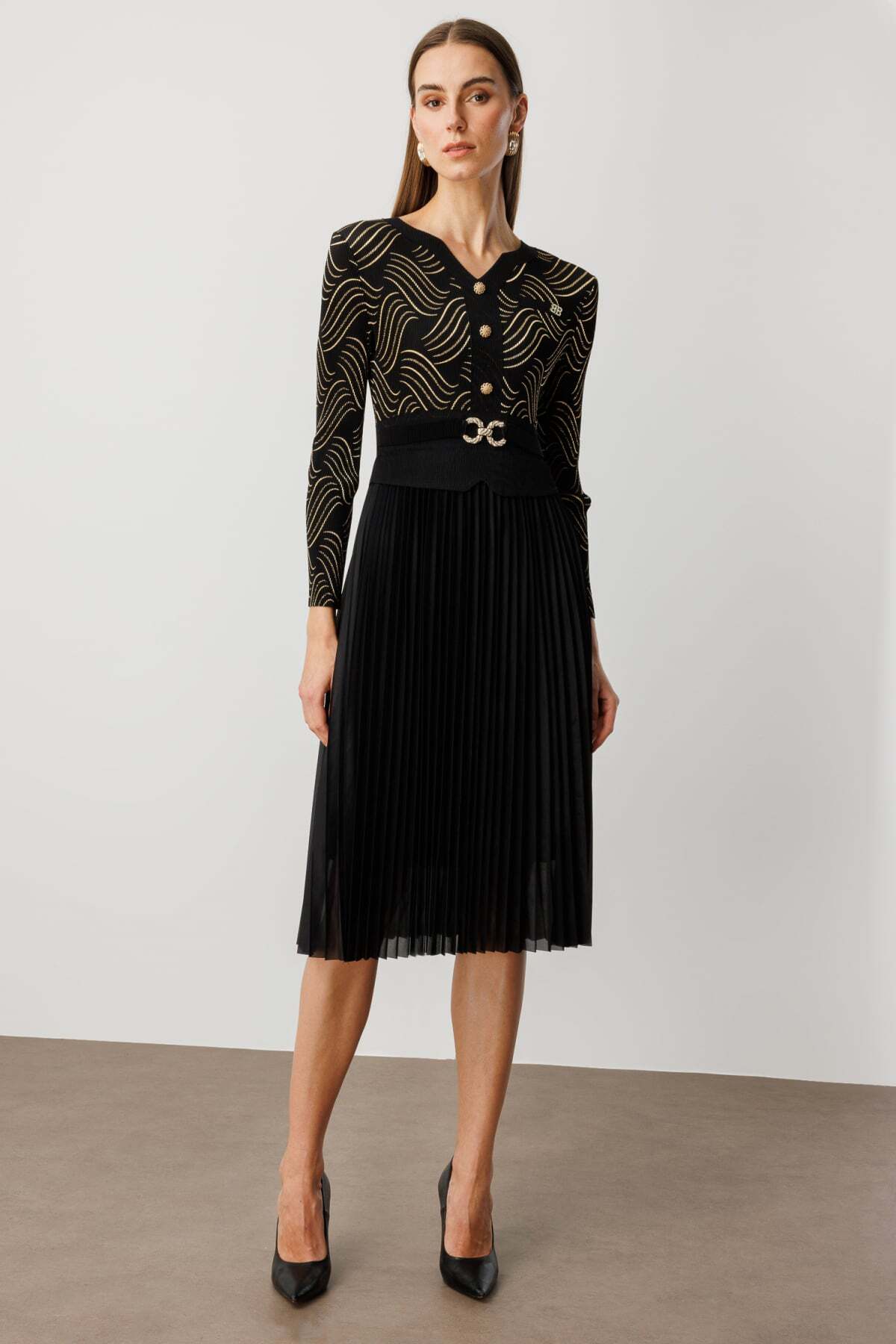 Patterned Dress with Metal Waist Accessories