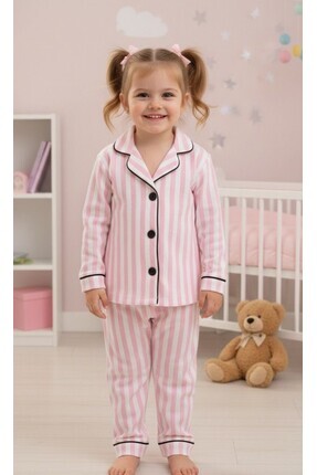LOODUS %100 Pamuk Kız Çocuk Pijama Takımı- Pembe Beyaz Çizgili Alt Üst İkili ...