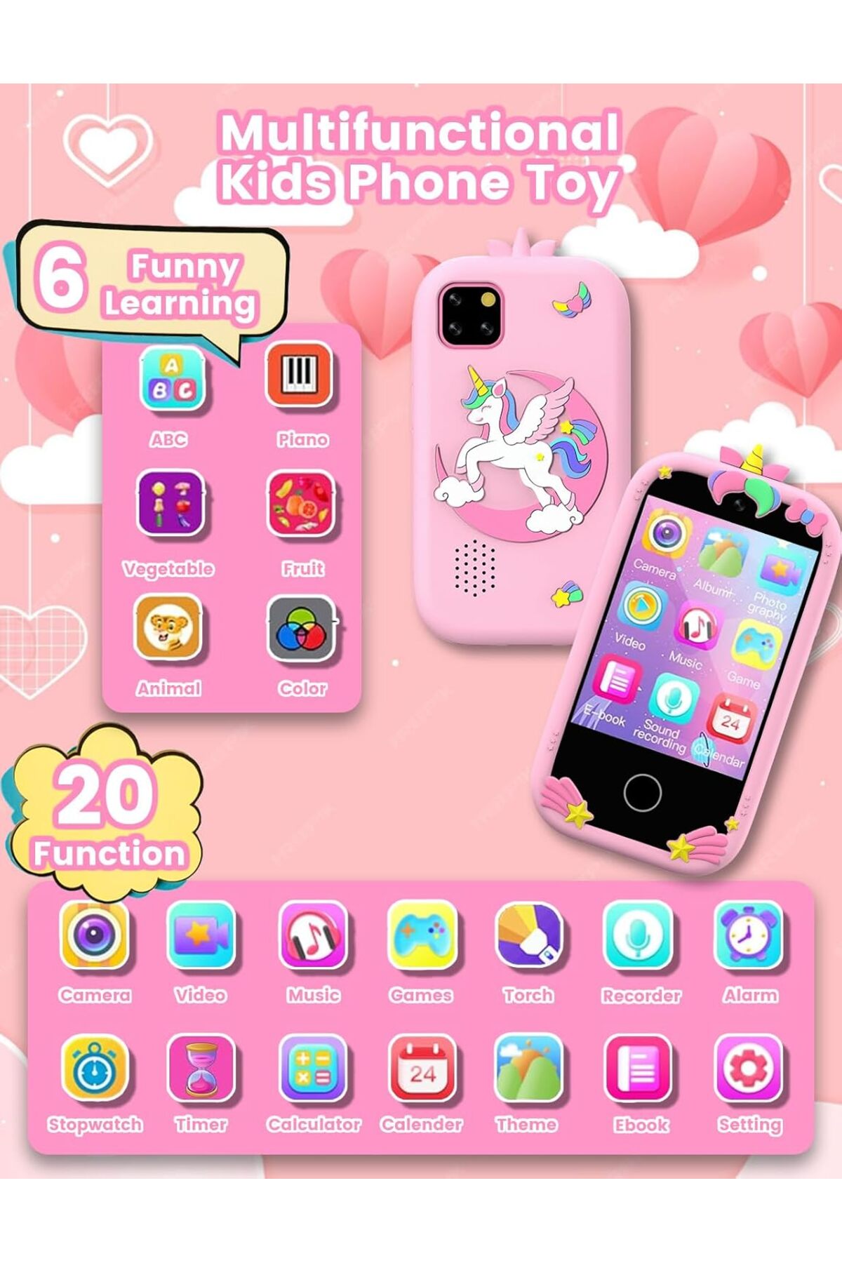 تلفن هوشمند کودکانه، دوربین‌دار، اسباب‌بازی لمسی، یونی‌کورن، آموزشی (رنگ صورتی)