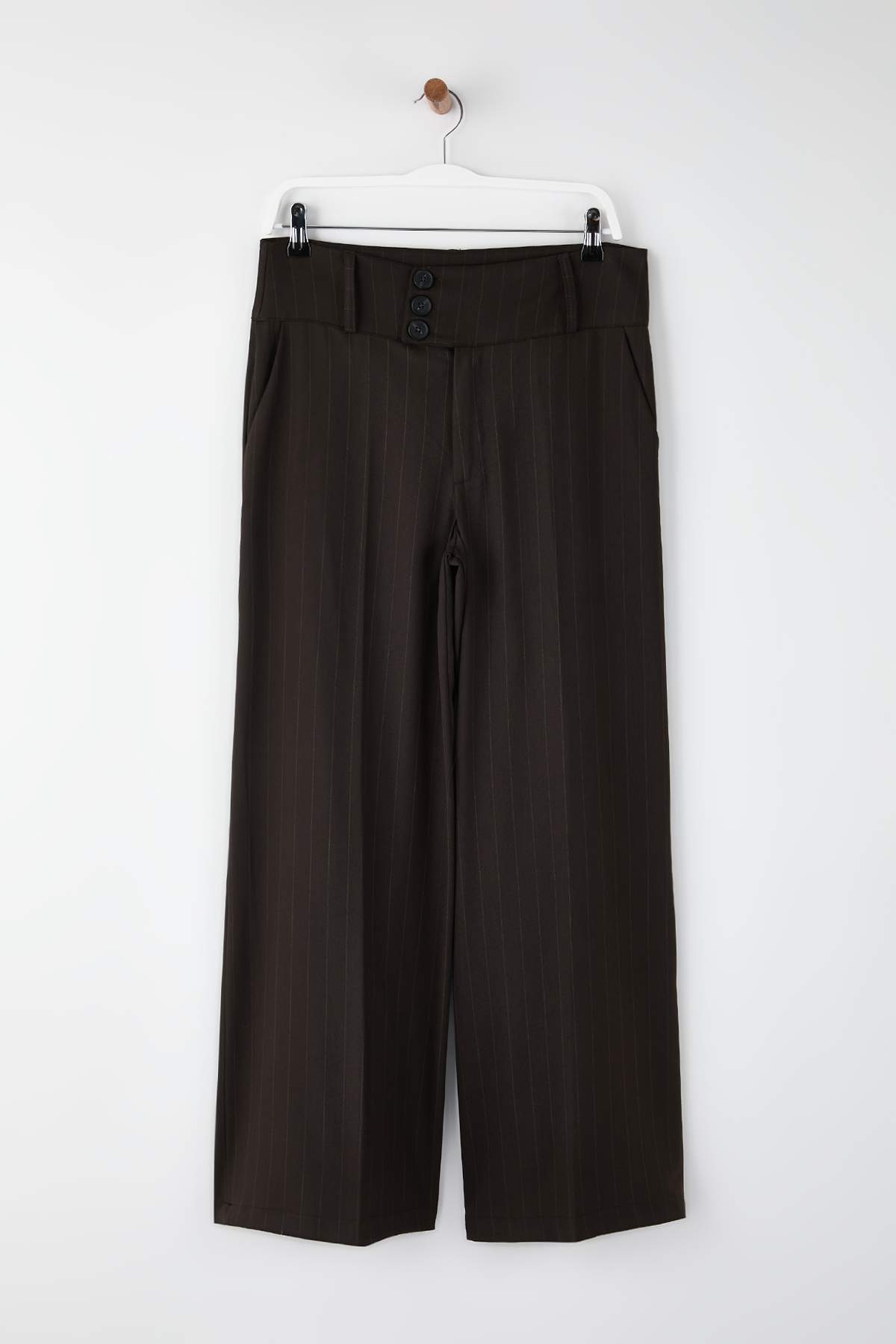 Trendyolmilla  Kahverengi Çizgili Bel Detaylı Extra Geniş Paça Wide Leg Dokuma Pantolon TWOAW26PL00168 - Görsel 5