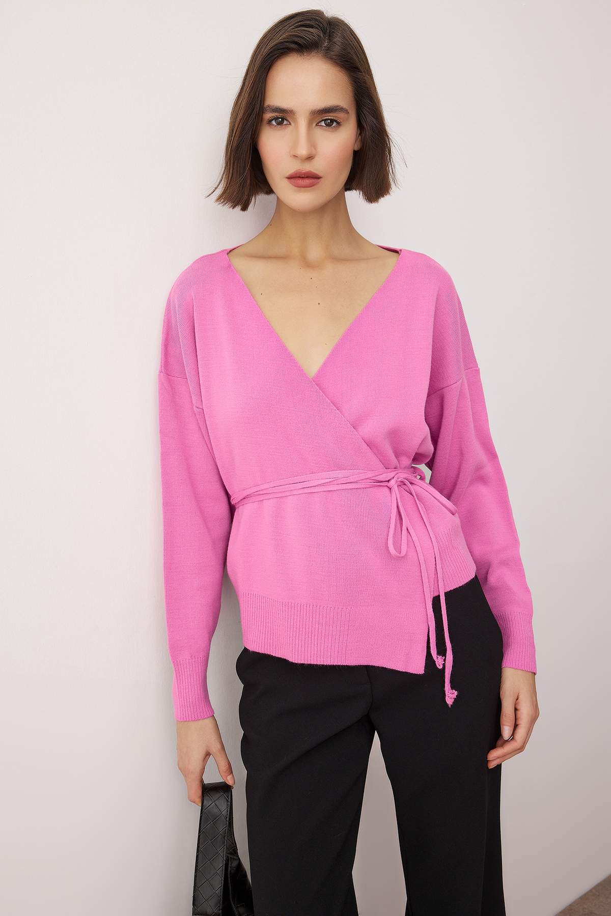 Trendyolmilla  Pembe Kruvaze Yaka Triko Hırka TEDAW25HI00025 - Görsel 2
