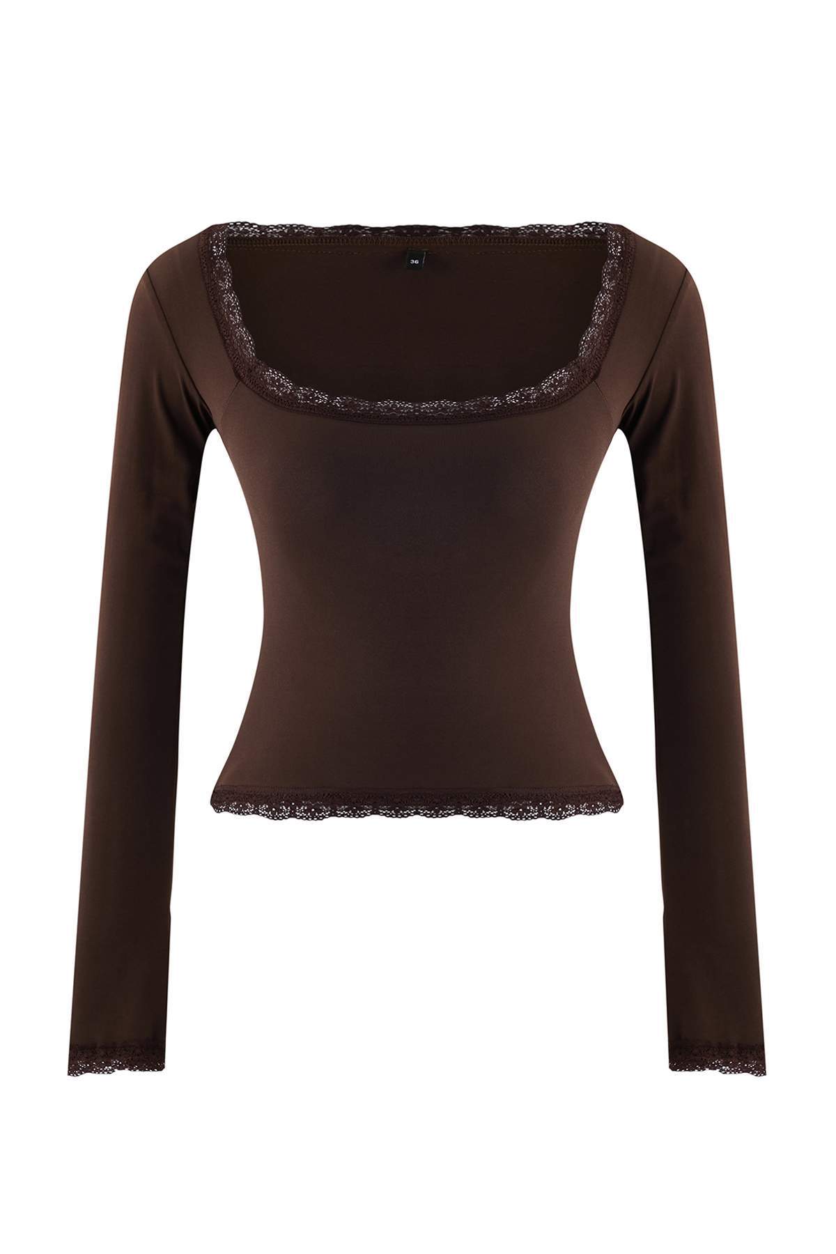 Trendyolmilla  Koyu Kahverengi Dantel Detaylı Kare Yaka Örme Party Bluz TPRAW26BZ00045 - Görsel 5