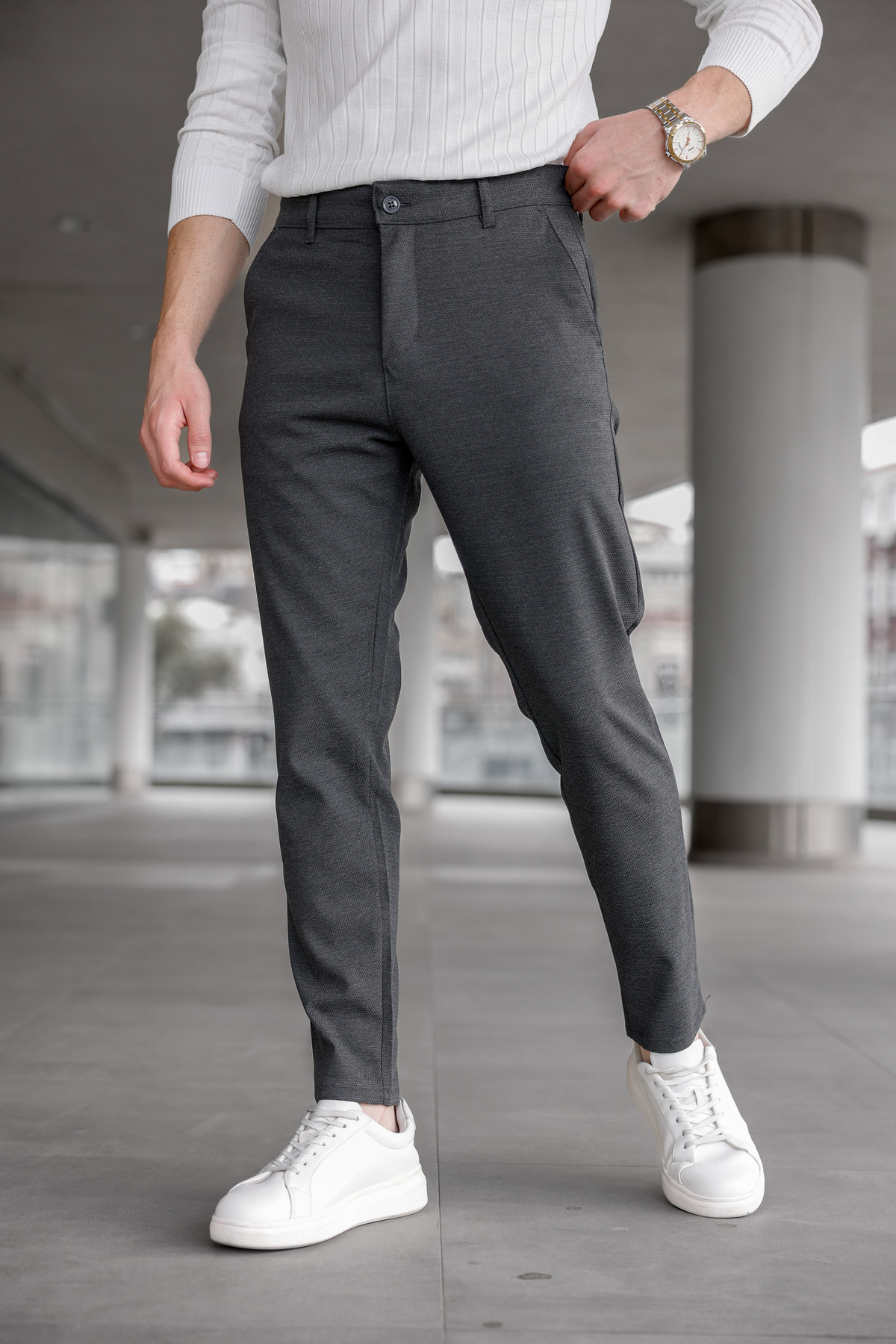 Ser Joven  Erkek Slim Fit Koyu Antrasit Likralı Keten Pantolon - Görsel 6