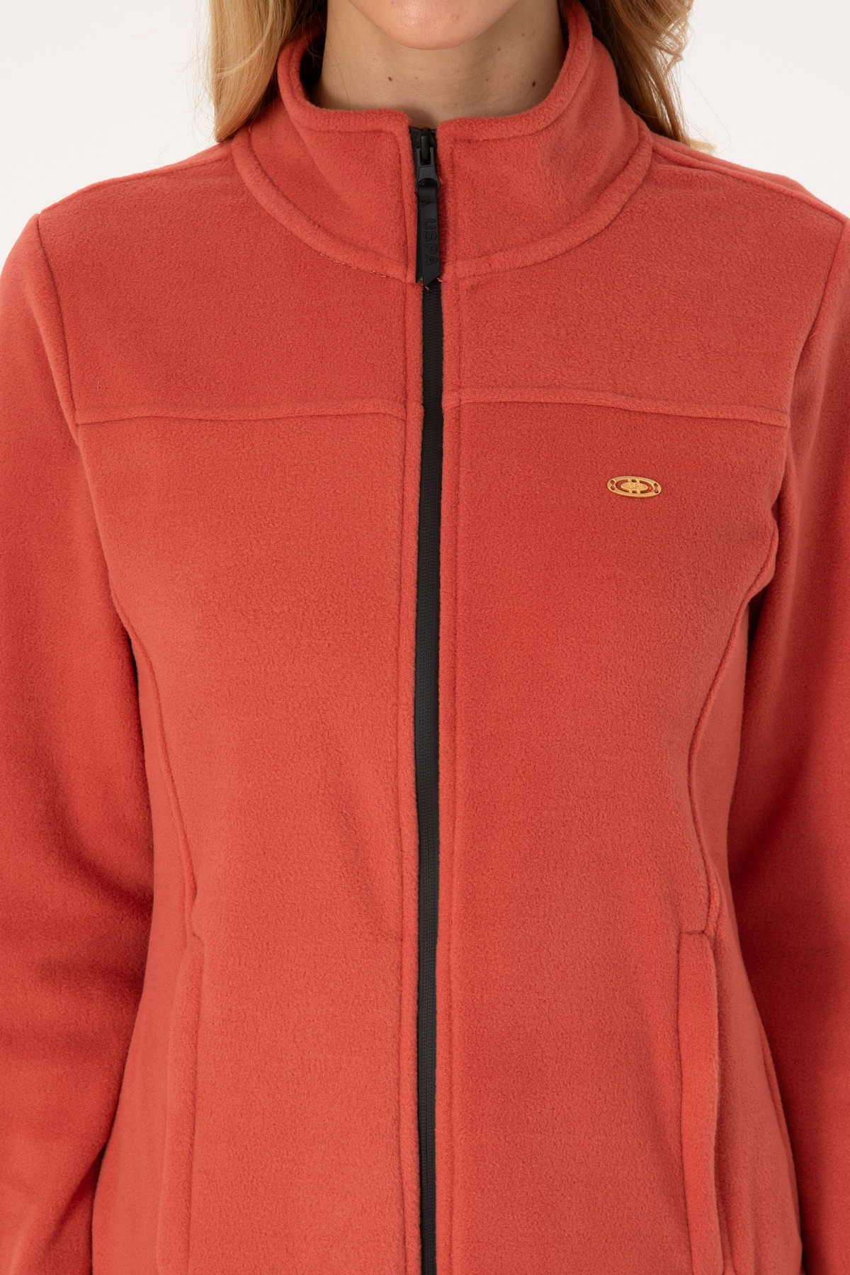 U.S. Polo Assn.  Kadın Kiremit Fermuarlı Dik Yaka Polar Sweatshirt 50316729-VR026 - Görsel 6