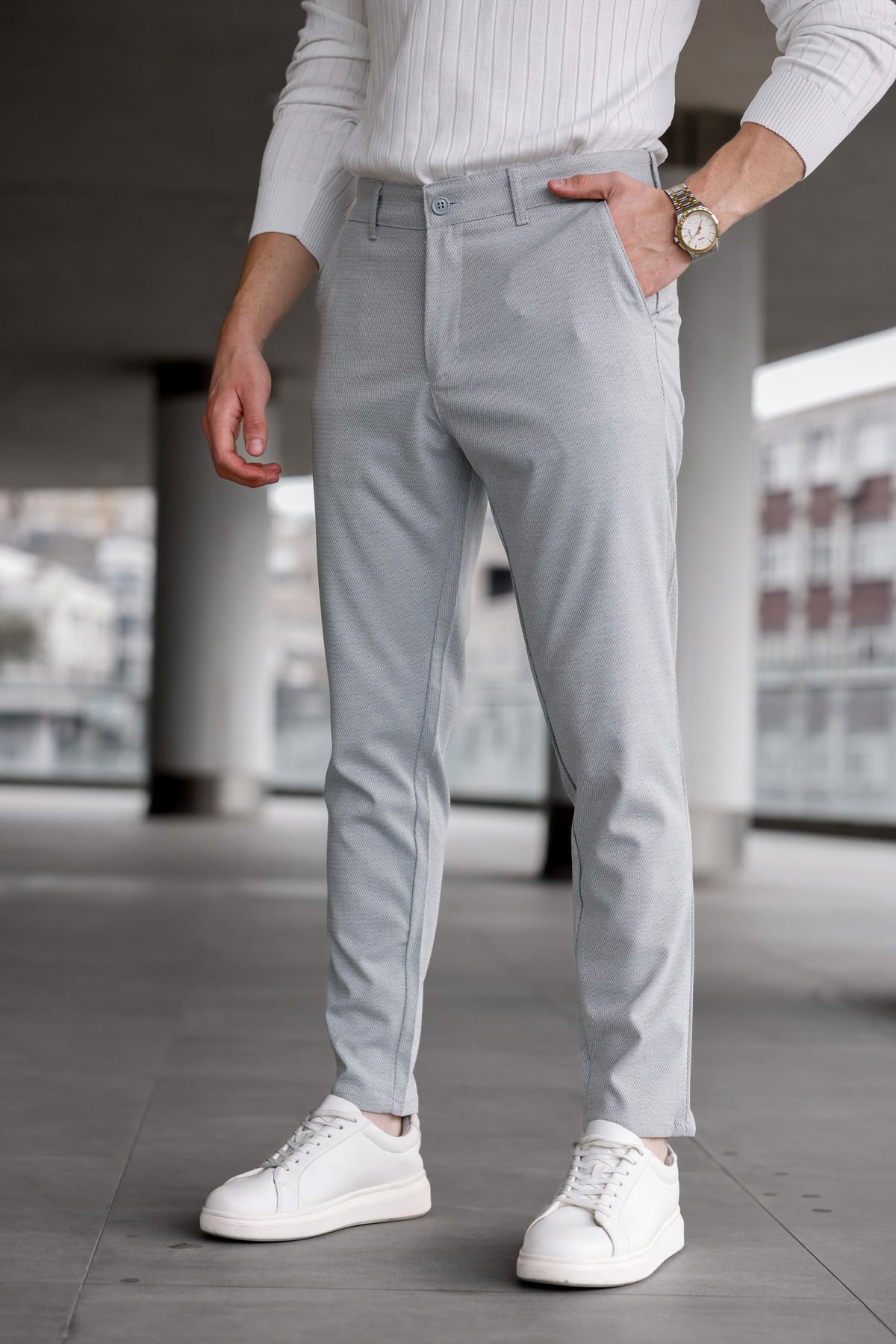 Ser Joven  Erkek Slim Fit Açık Gri Likralı Keten Pantolon - Görsel 5