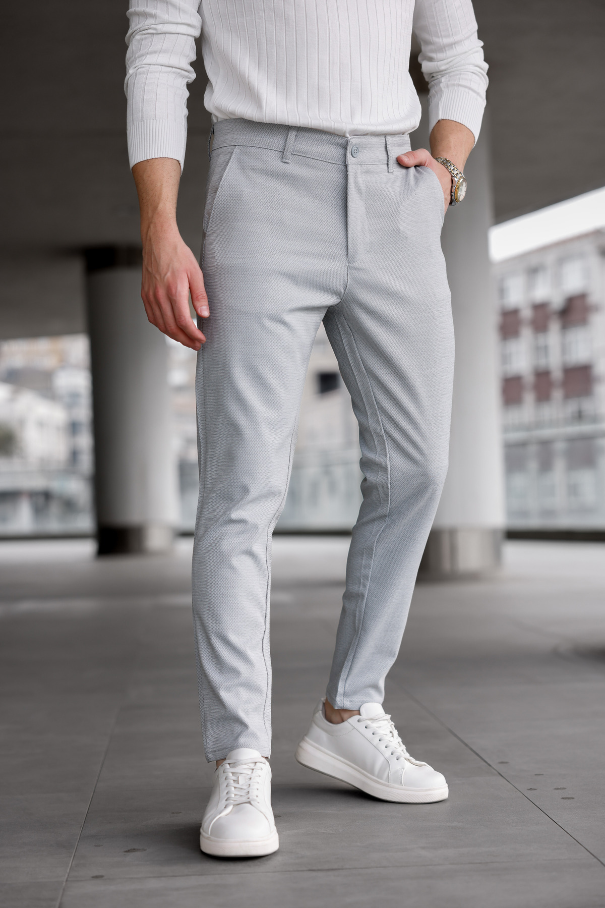 Ser Joven  Erkek Slim Fit Açık Gri Likralı Keten Pantolon - Görsel 3