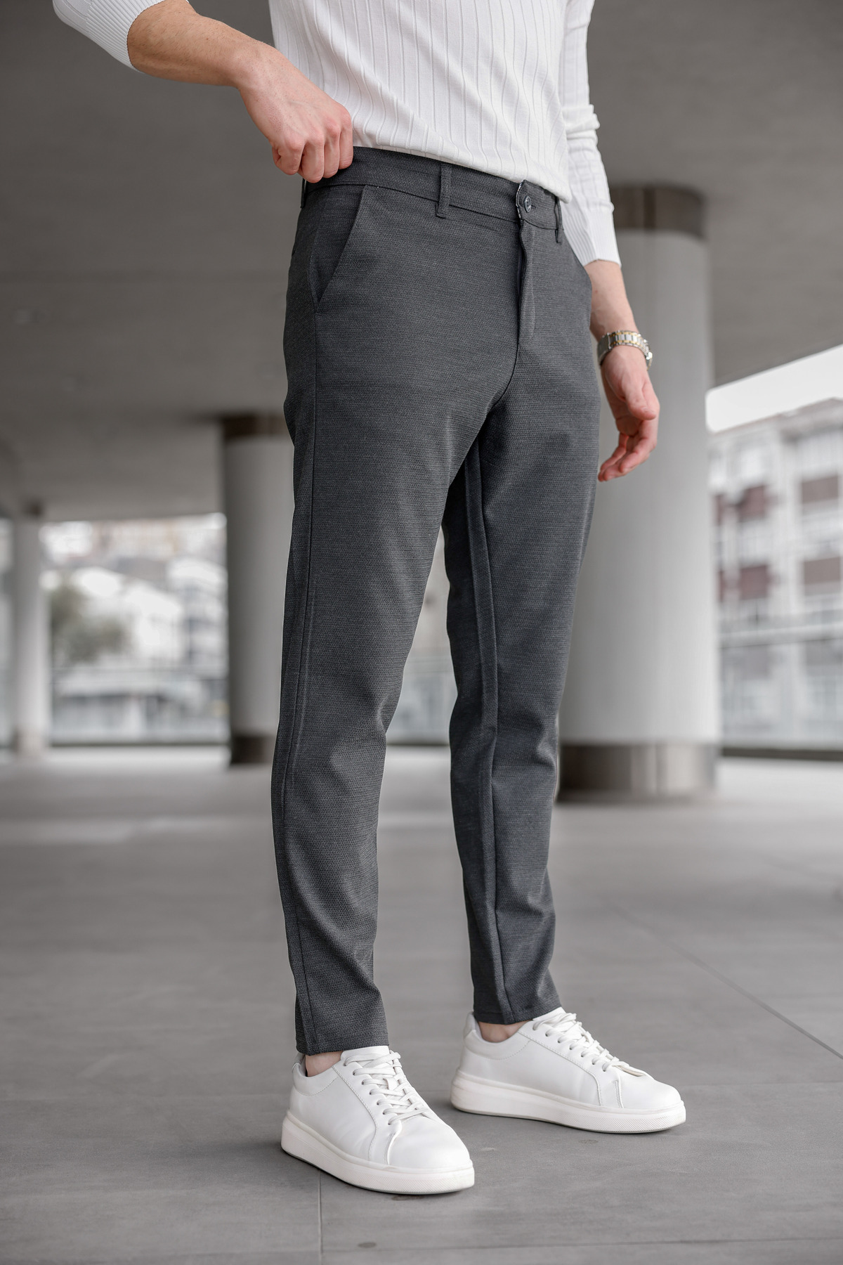Ser Joven  Erkek Slim Fit Koyu Antrasit Likralı Keten Pantolon - Görsel 2