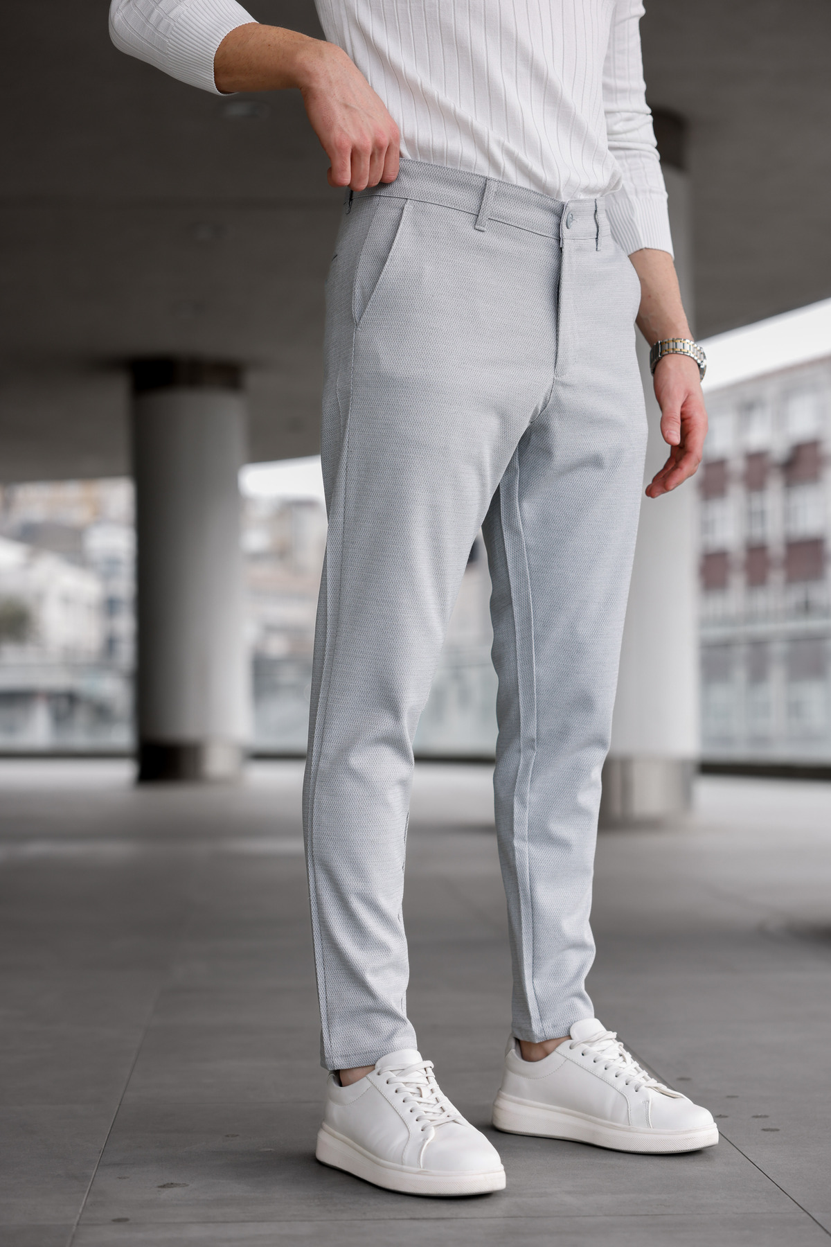 Ser Joven  Erkek Slim Fit Açık Gri Likralı Keten Pantolon - Görsel 4