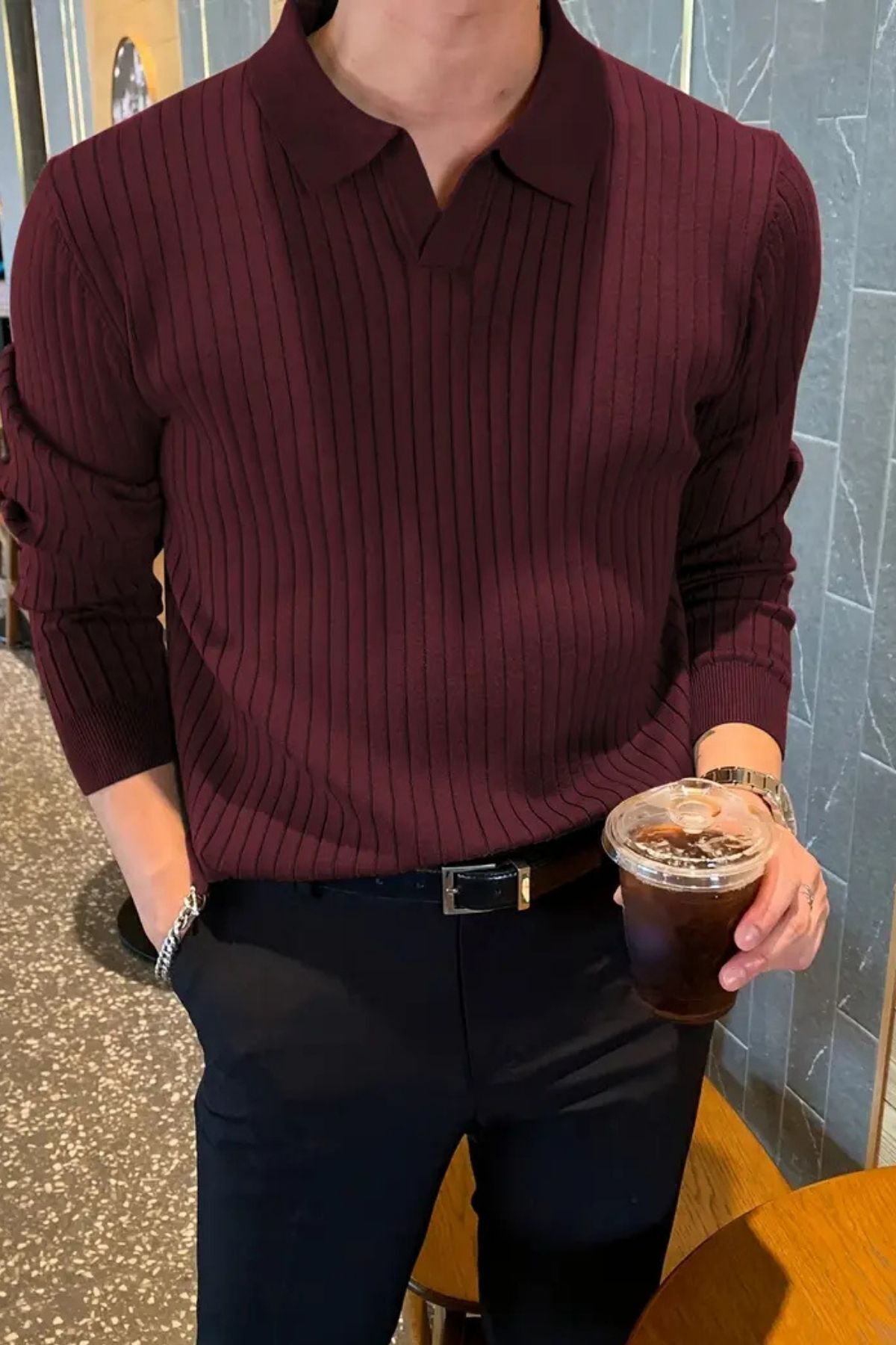 HYMAN Erkek Polo Yaka Fitilli Oversize Triko Kazak