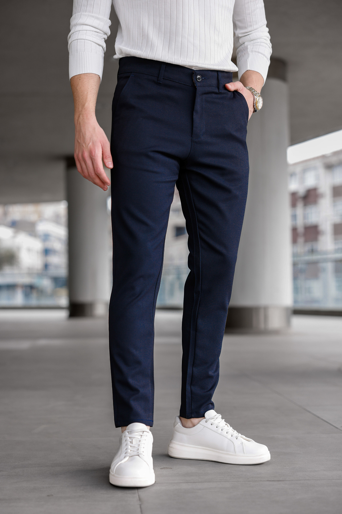 Ser Joven Erkek Slim Fit Lacivert Likralı Keten Pantolon