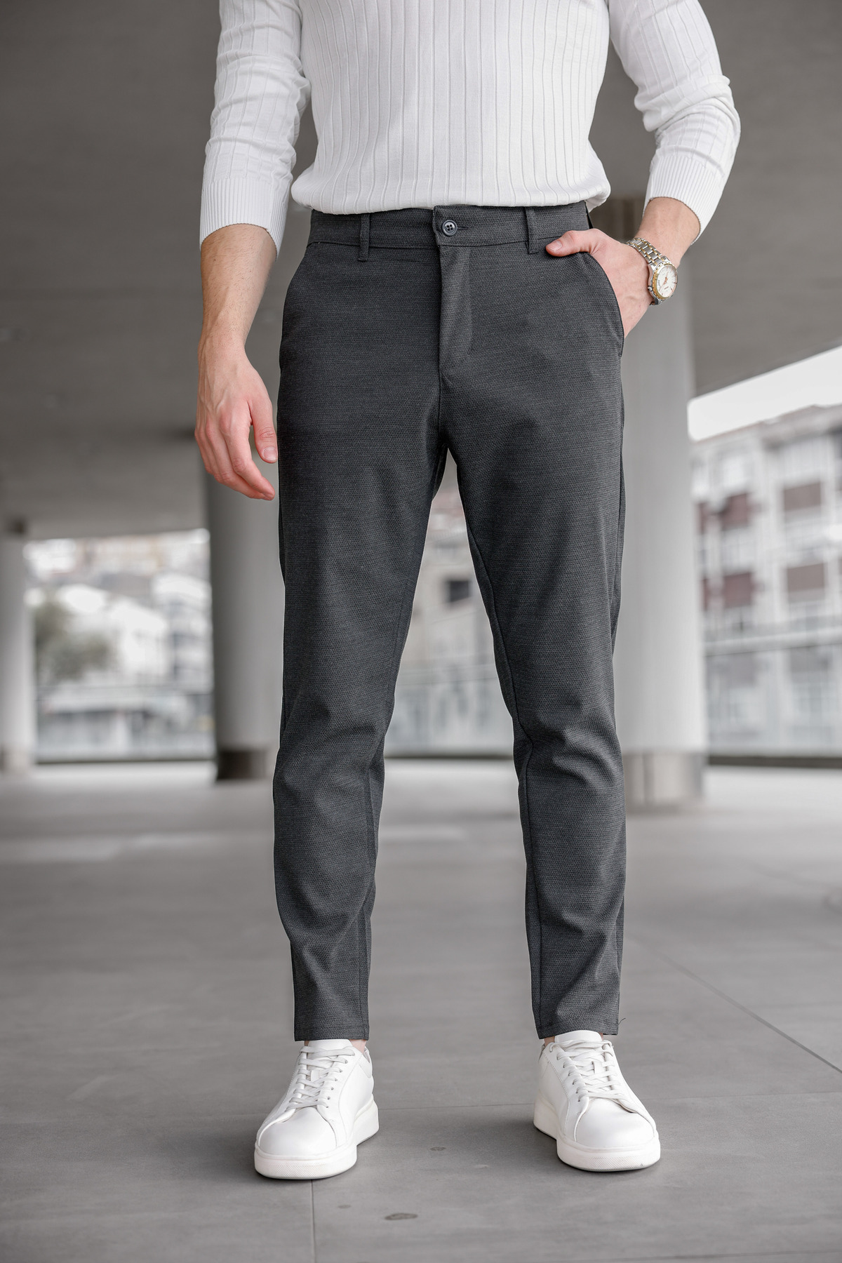 Ser Joven  Erkek Slim Fit Koyu Antrasit Likralı Keten Pantolon - Görsel 3