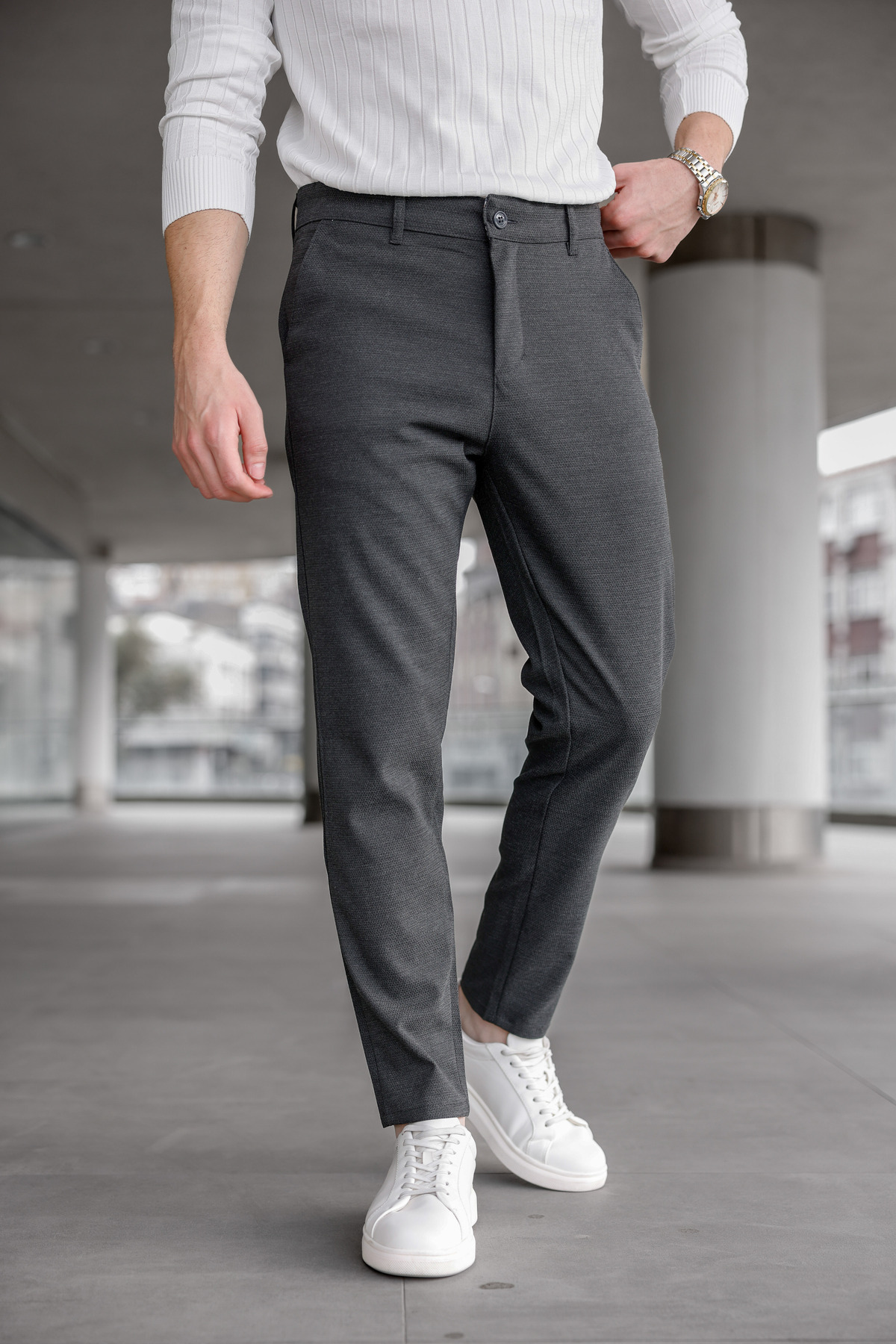 Ser Joven  Erkek Slim Fit Koyu Antrasit Likralı Keten Pantolon - Görsel 5
