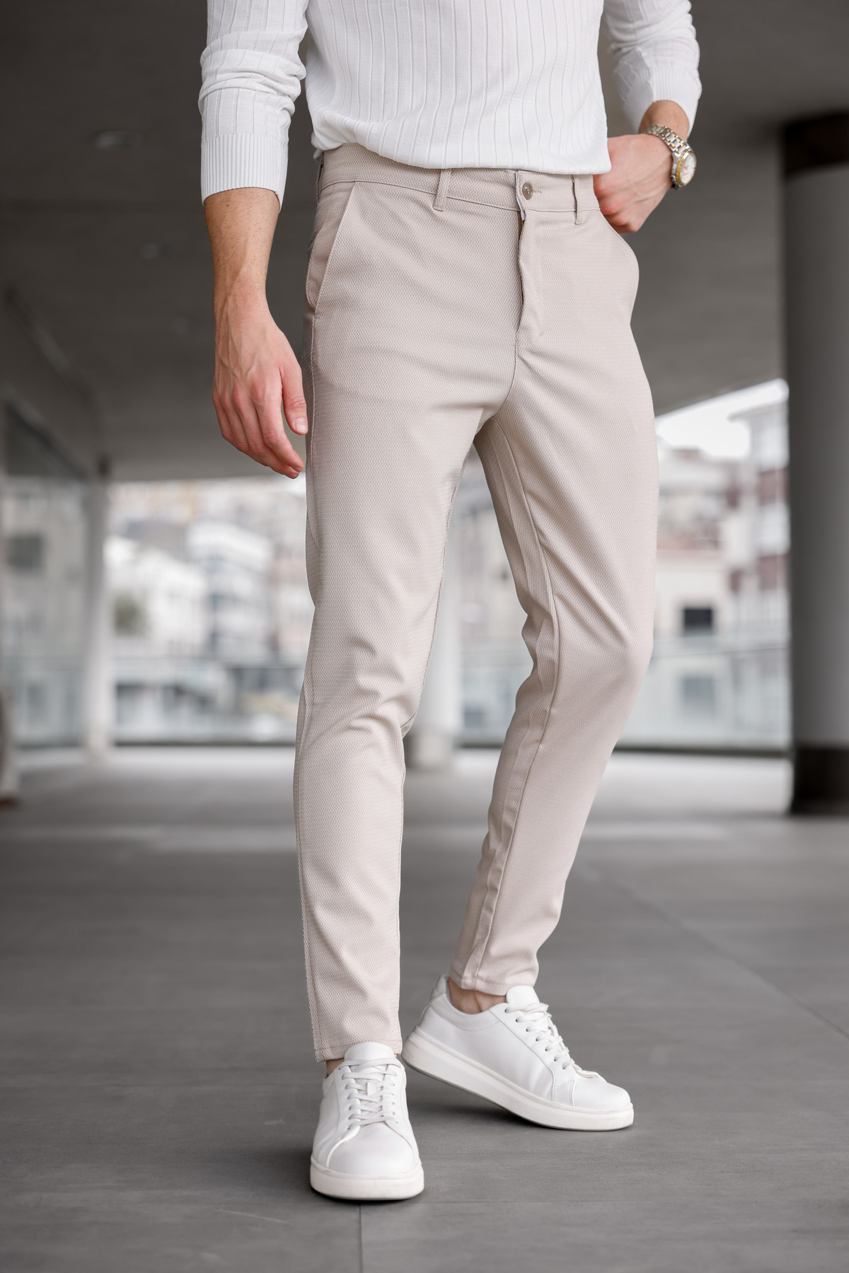 Ser Joven  Erkek Slim Fit Bej Likralı Keten Pantolon - Görsel 4