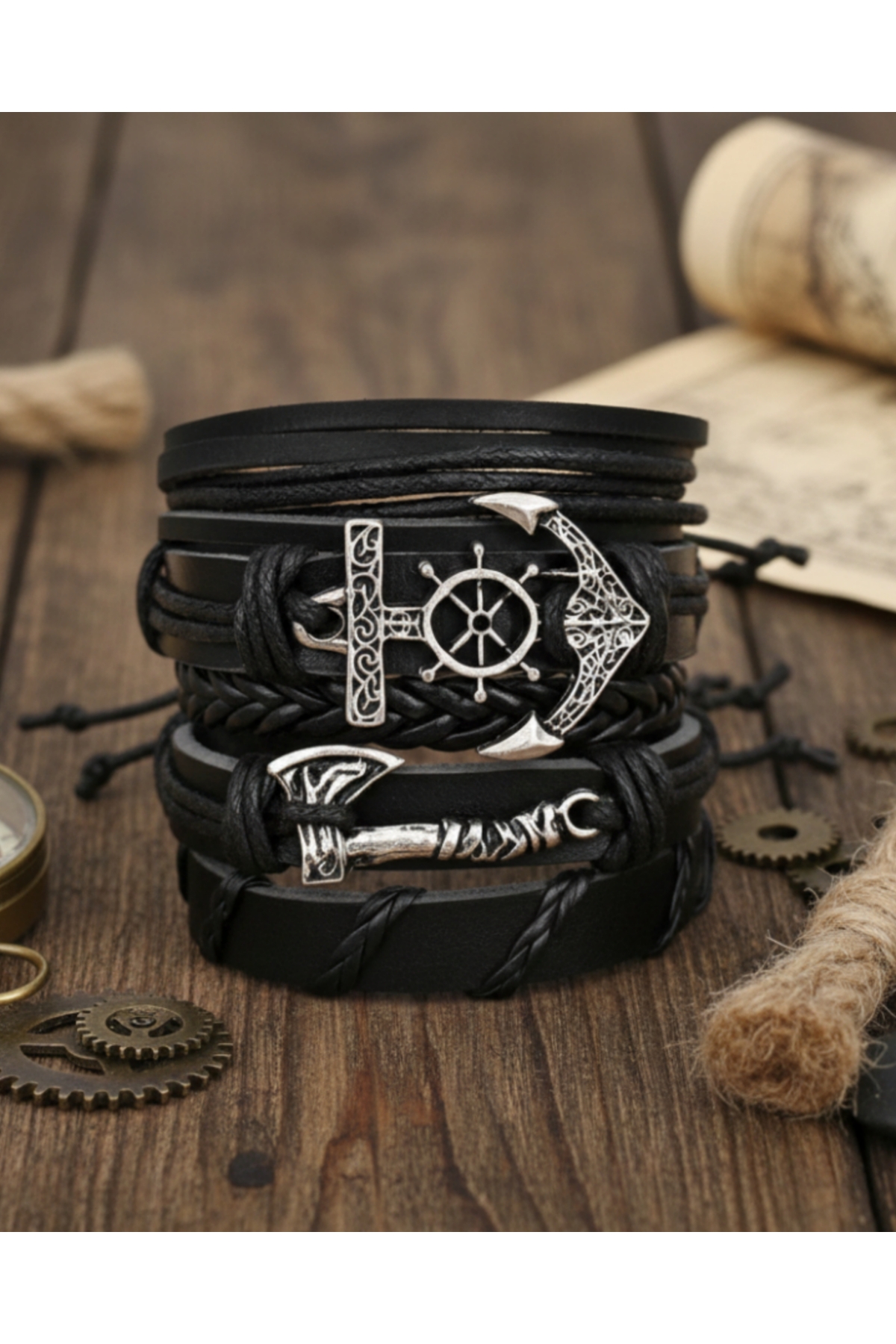 BSN Store Iskandinav Viking Thor Nordich Balta Denizci Çapa Figürlü Hakiki Deri Bileklik 5 Parça görsel 2