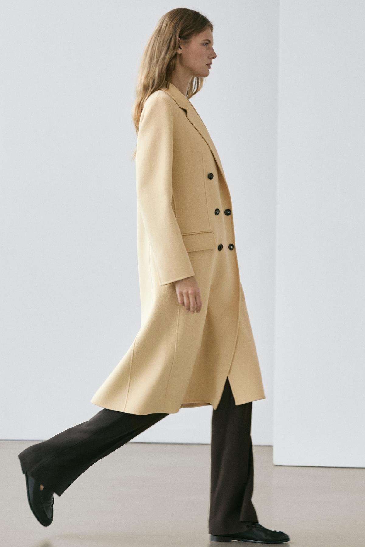 Massimo Dutti  Uzun yün karışımlı kruvaze palto - Görsel 3