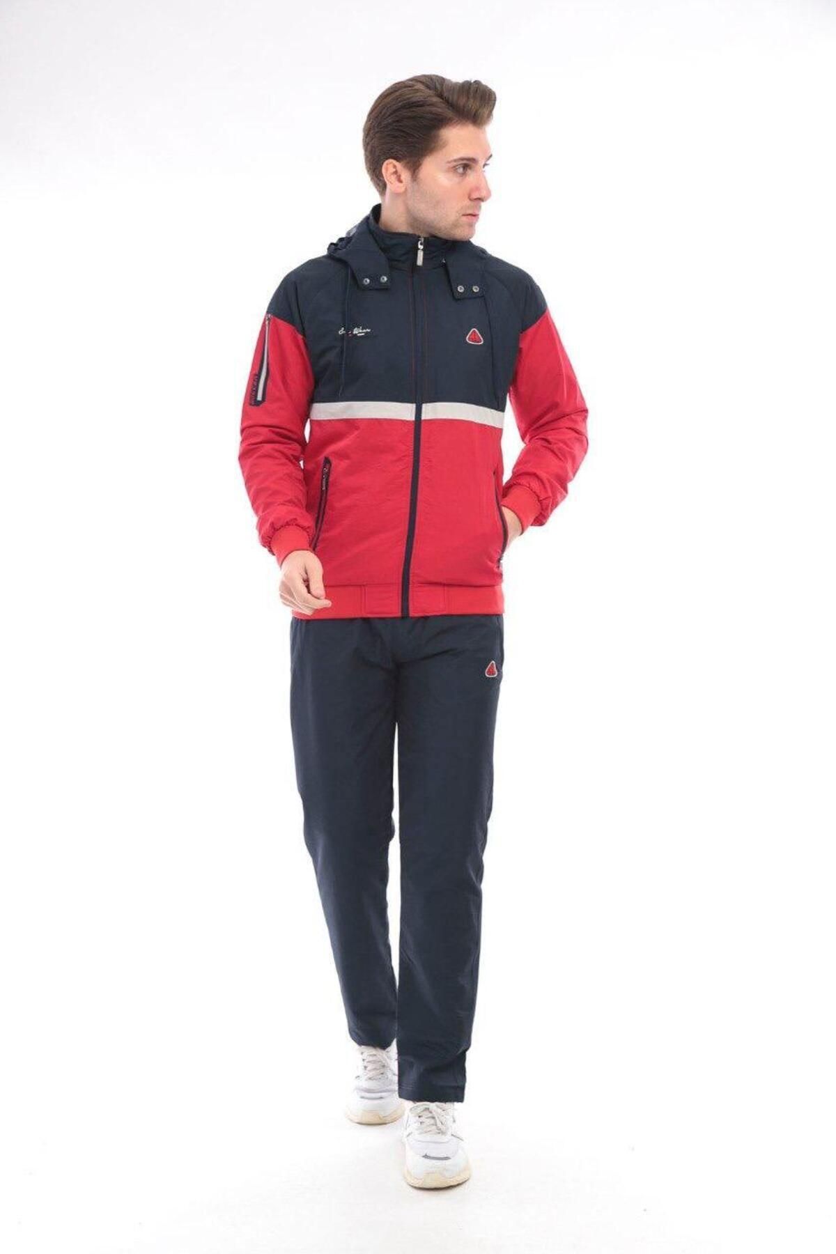 ست لباس ورزشی مردانه کلاهدار جداشونده پارچه نخی Twill 4354 — قرمز — تصویر 3 از 9