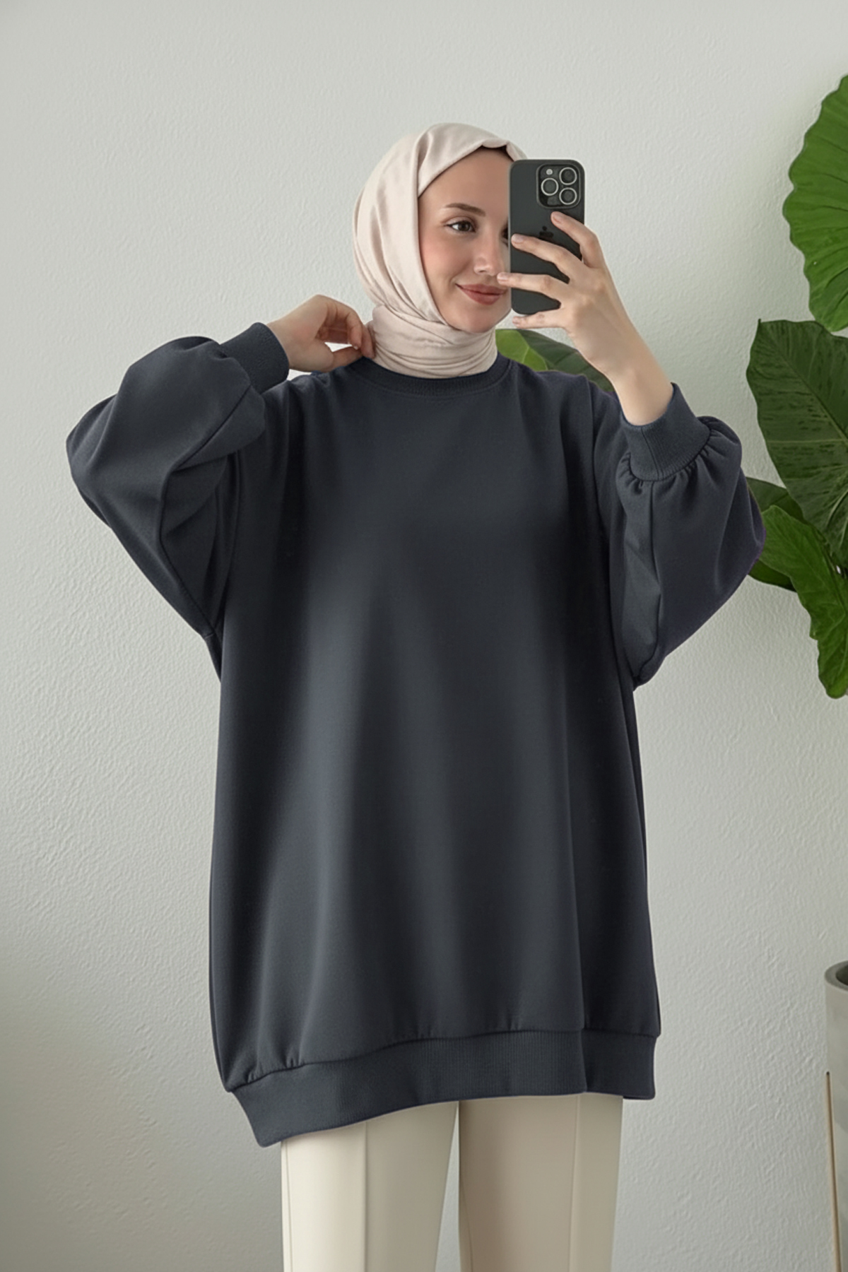 Suede Style  3044 - Rahat, Salaş Basic Kadın Uzun Sweatshirt - Görsel 3