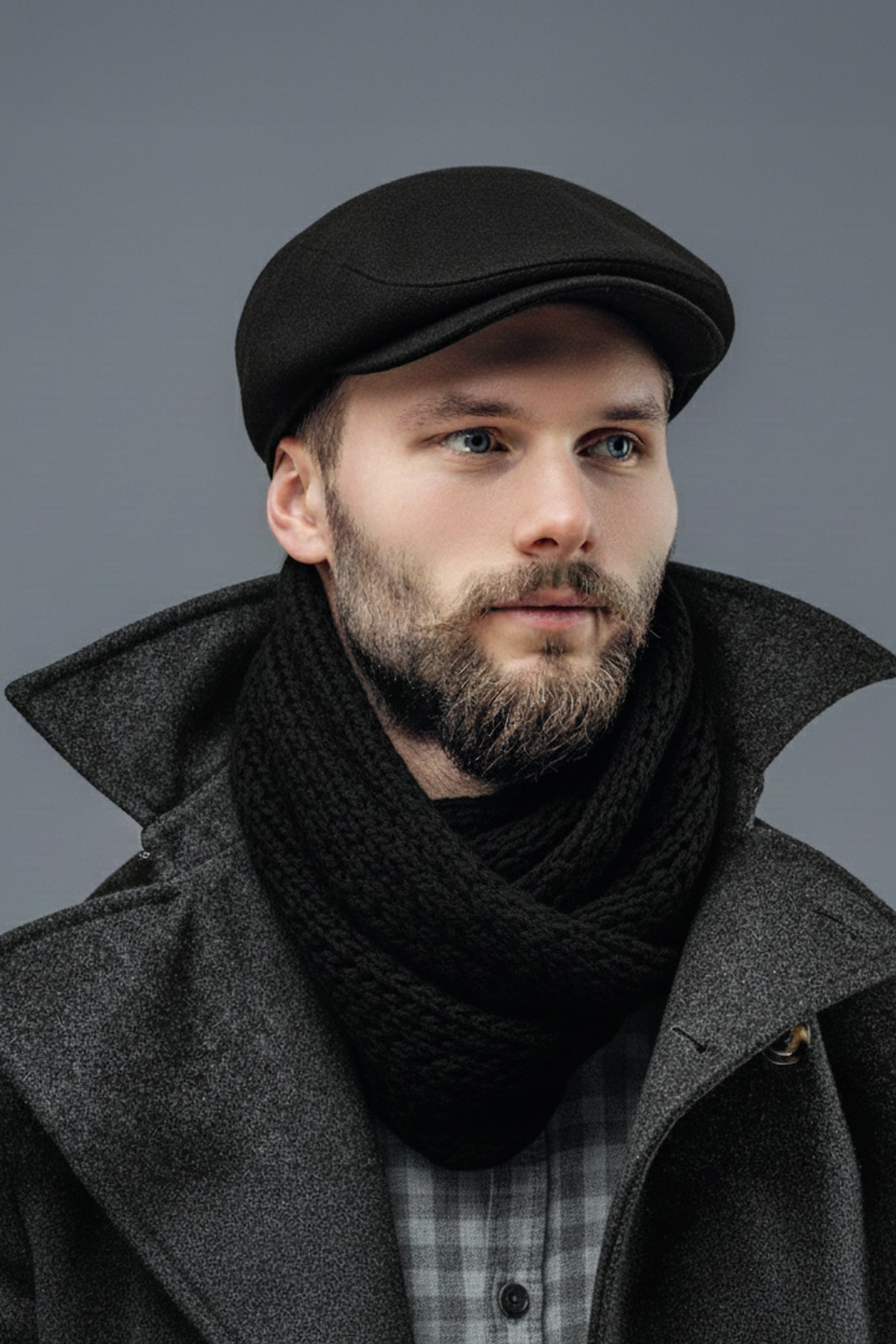 Capstories Siyah Kasket - Kışlık Kaşmir Kumaş - Standart Beden Şapka