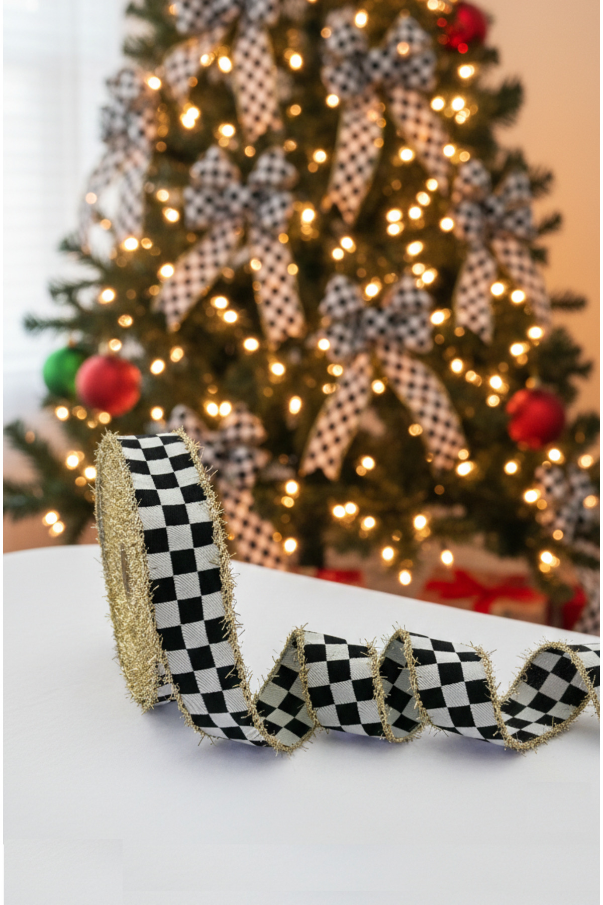 Luxury Gold Glitter Black White Ekozen Checkers (Plaid) Pattern Fringed Decorative Christmas Ribbon 3cmx10mt