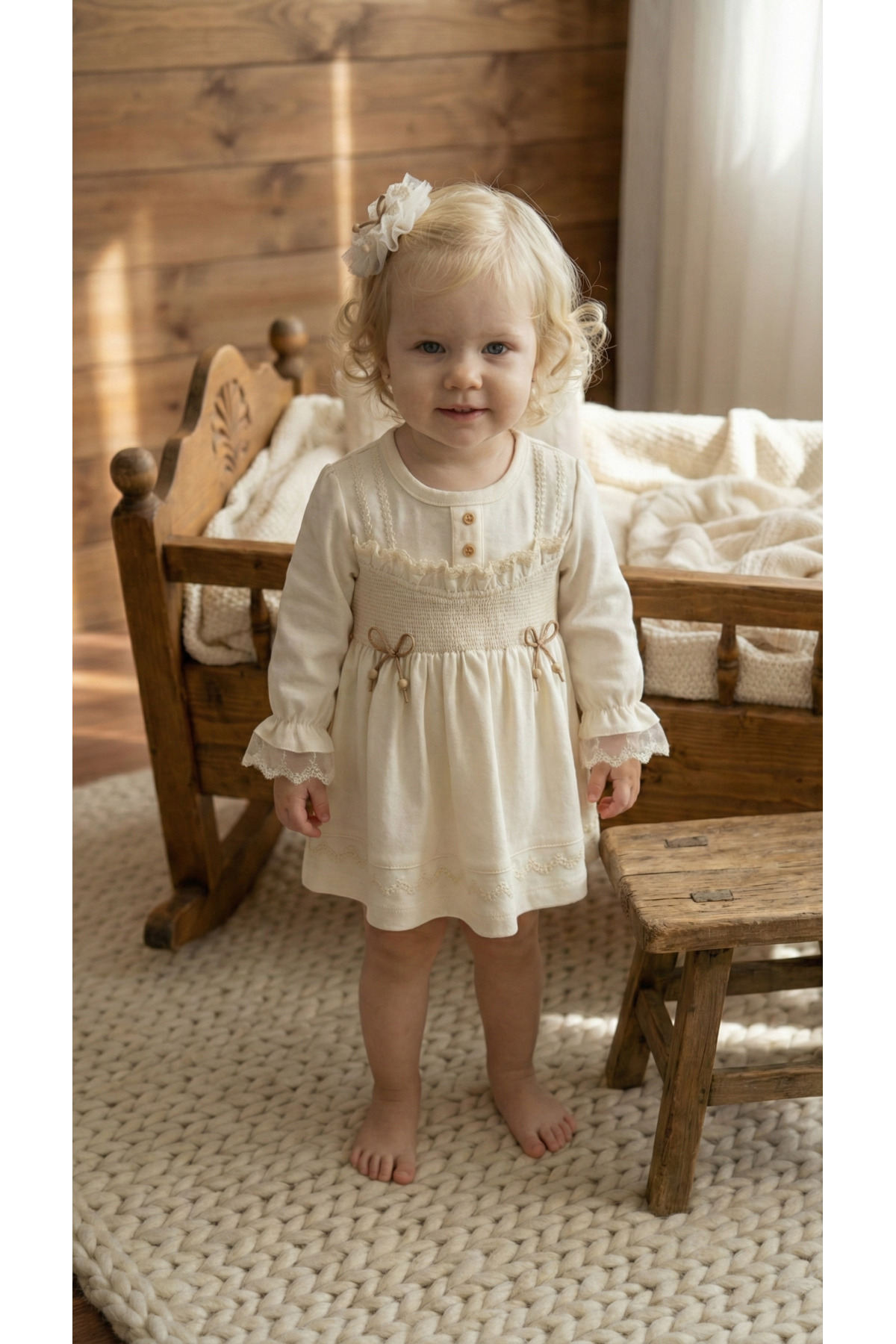 MONTİNA Kız Bebek Vintage Premium %100 Pamuk İnterlok Elbise ve Saç Bandı fotoğrafı 3 (önizleme)