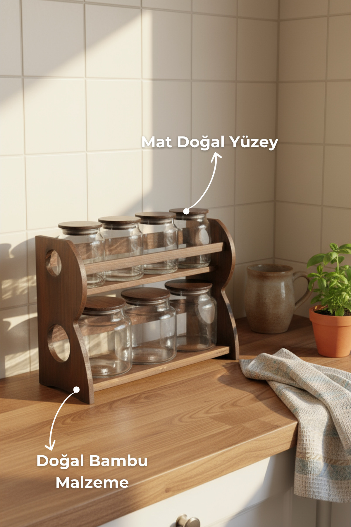 Bambum Nero - Bench - 8 Parça 2 Katlı Standlı Baharatlık Seti