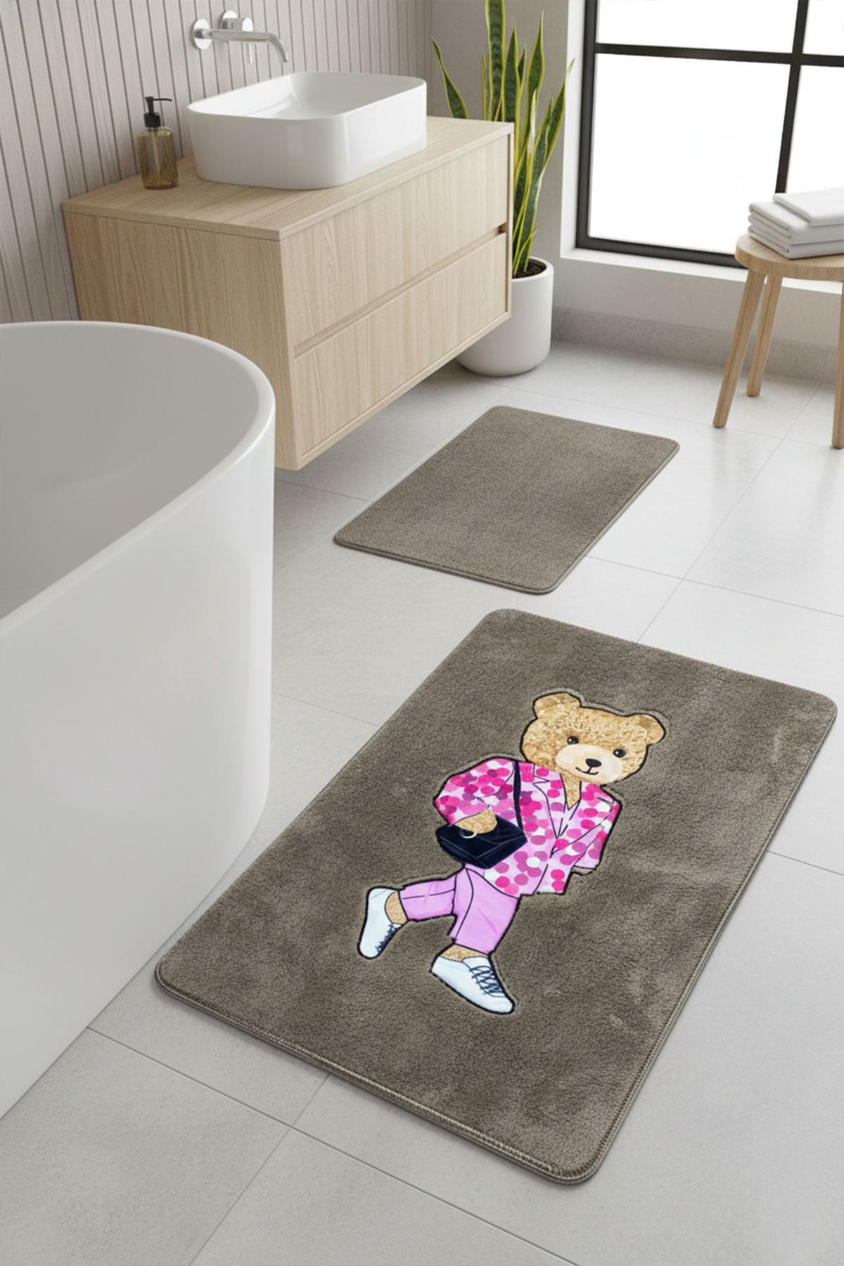 Boss Bear Stone 2-Piece Embroidered Bath Mat ,Non-Slip Base 60x100 50x60 cm