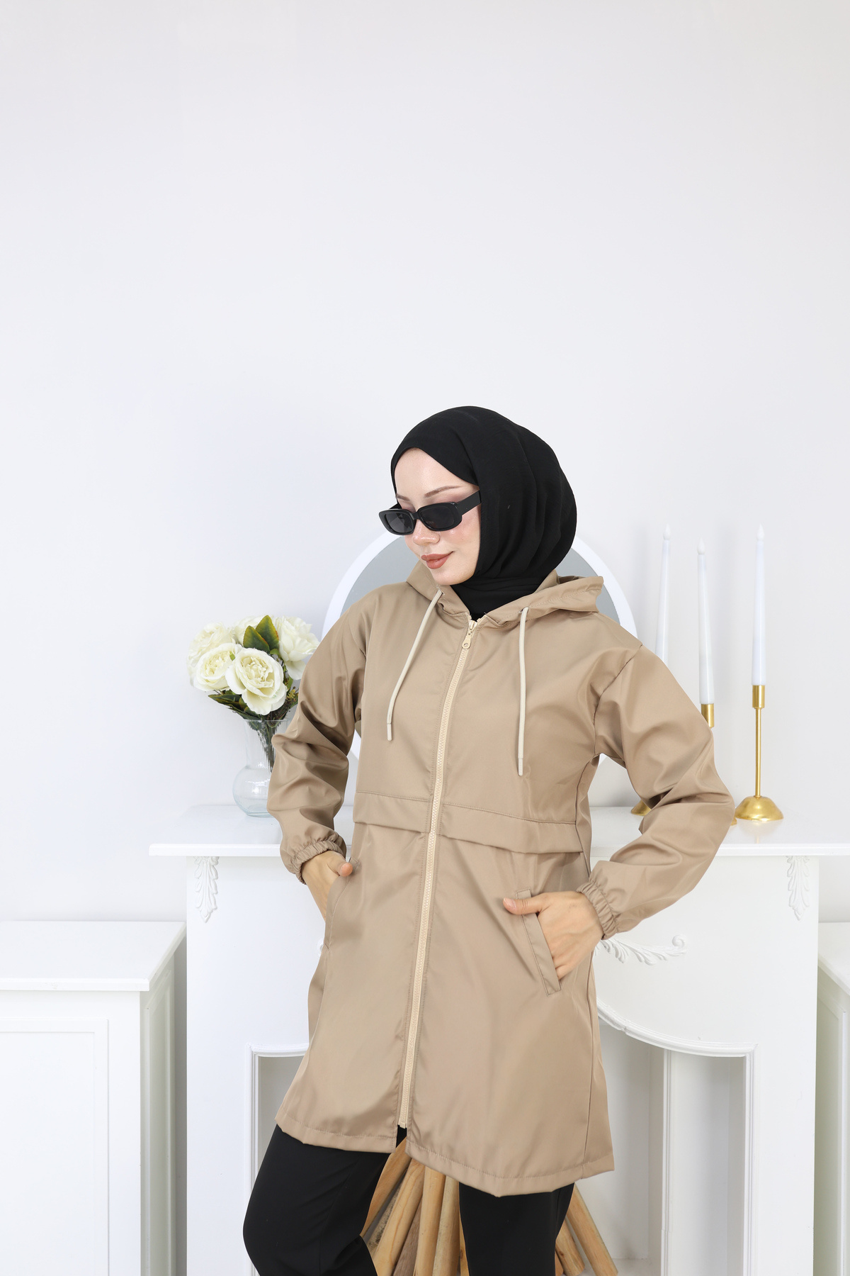 Atelier Lina  Kapüşonlu Fermuarlı Yağmurluk Trençkot - Görsel 8