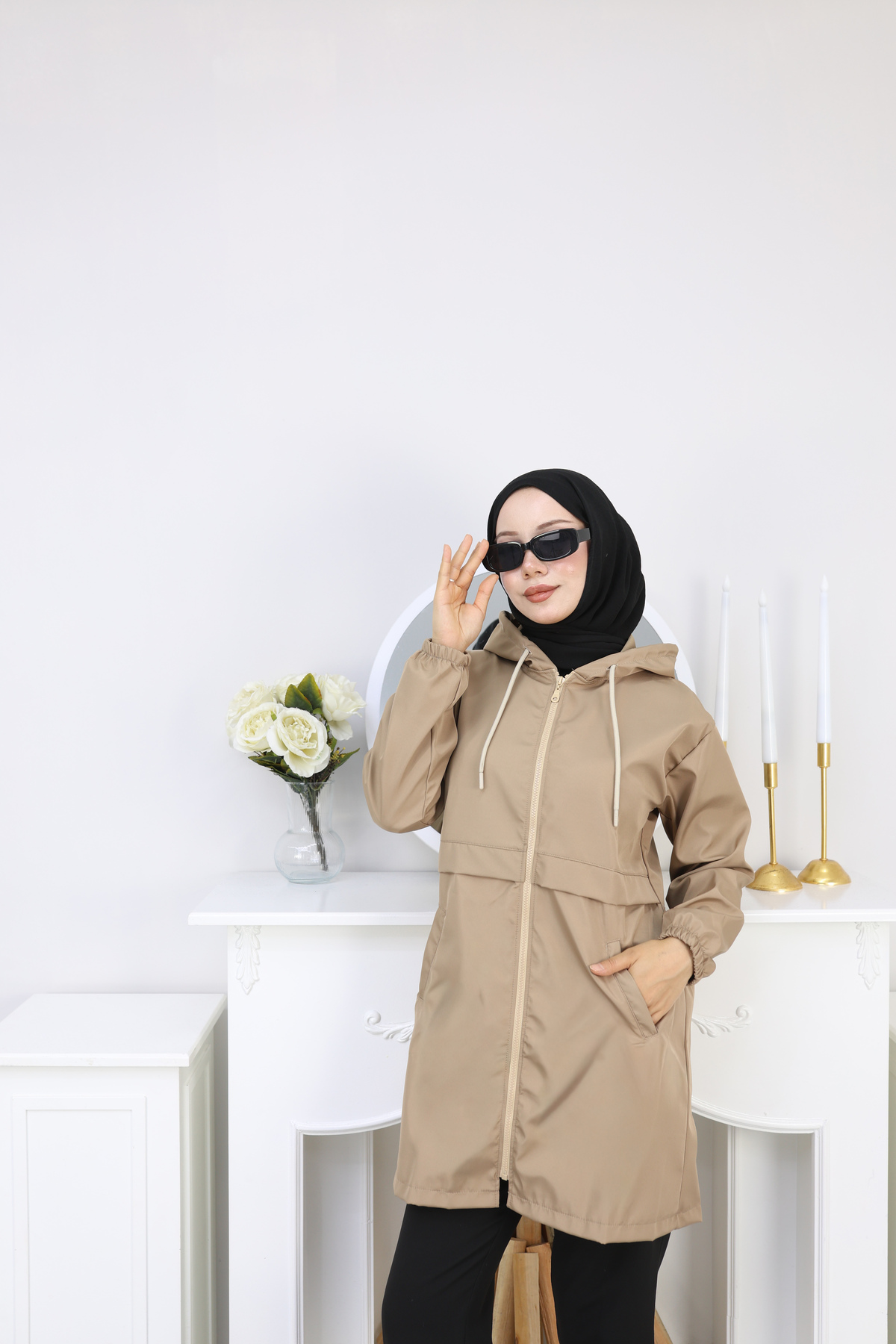 Atelier Lina  Kapüşonlu Fermuarlı Yağmurluk Trençkot - Görsel 9