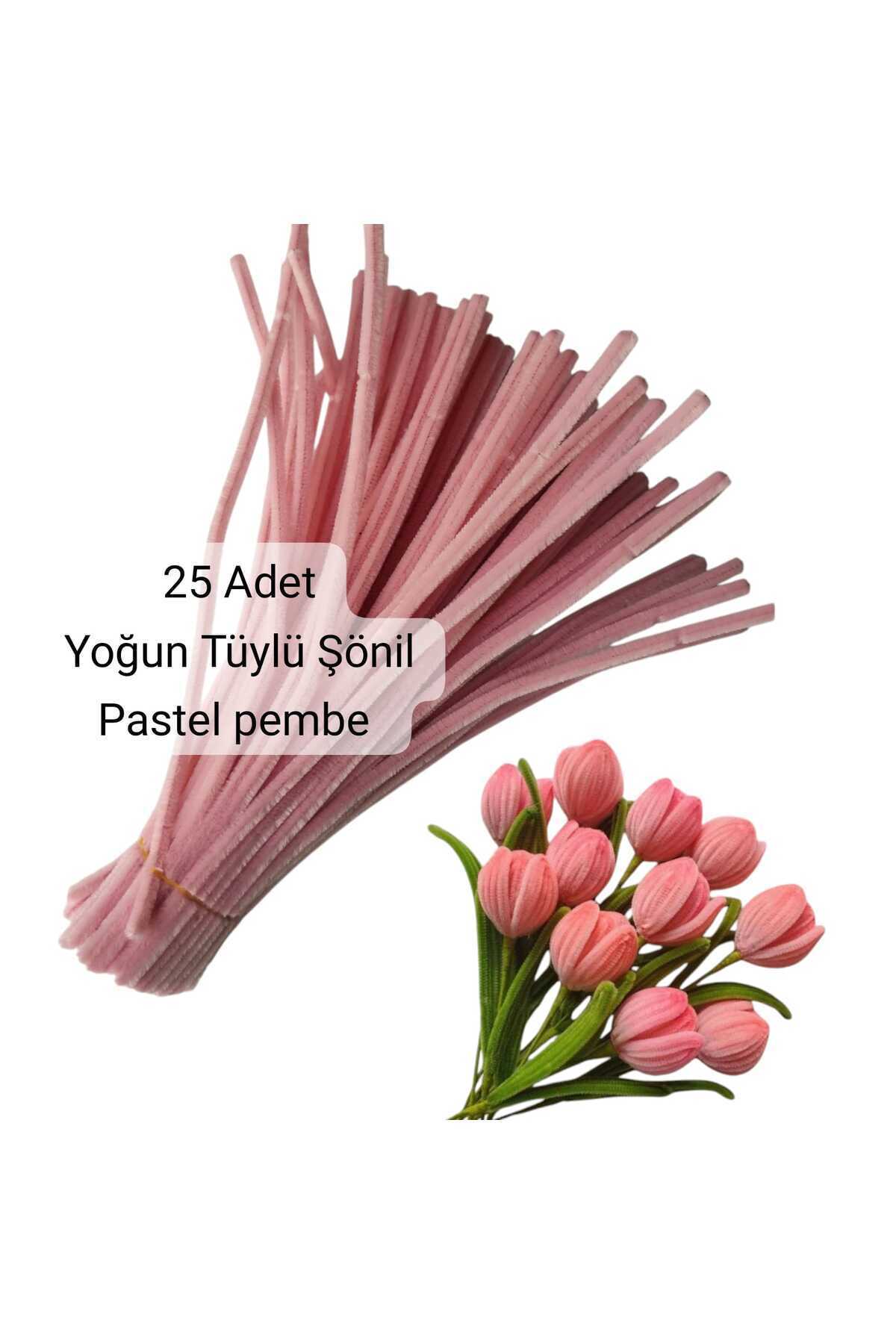 hyc heryerçiçeklenir 25 Adet Pastel Pembe Şönil, Çiçek Yapımına Uygun Tüylü Tel, 30 Cm 6 Mm