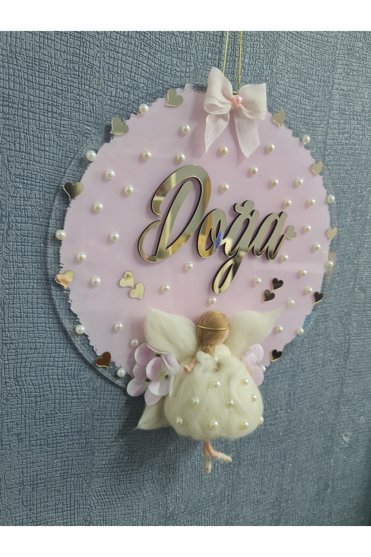 buketiket Dekoratif Keçe Peri Bebek Toz Pembe Boyalı Pleksi Hastane Doğum Bebek Çocuk Kapı Süsü fotoğrafı 7 (önizleme)