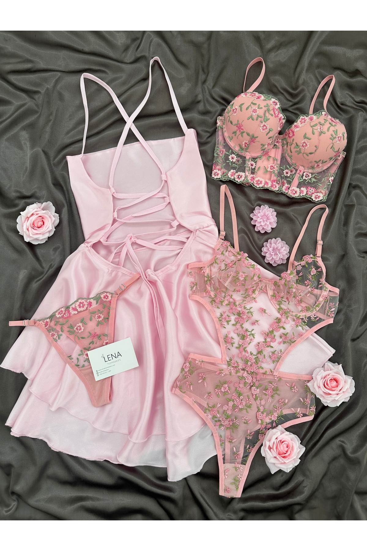 Lena Homewears Pembe Saten Kutulu 4 Parça Gecelik Çiçek Desenli Bodysuit Iç Giyim Peri Masalı Çeyiz Seti