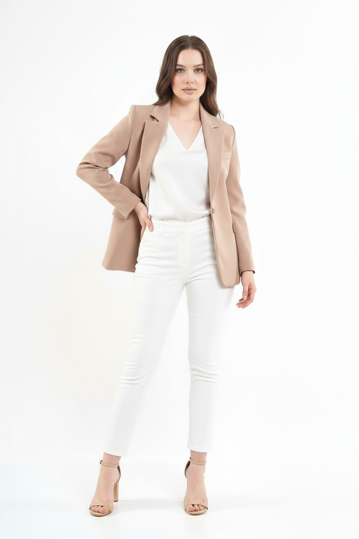 Volanlı  Vizon Tek Düğme Ceket - Görsel 3