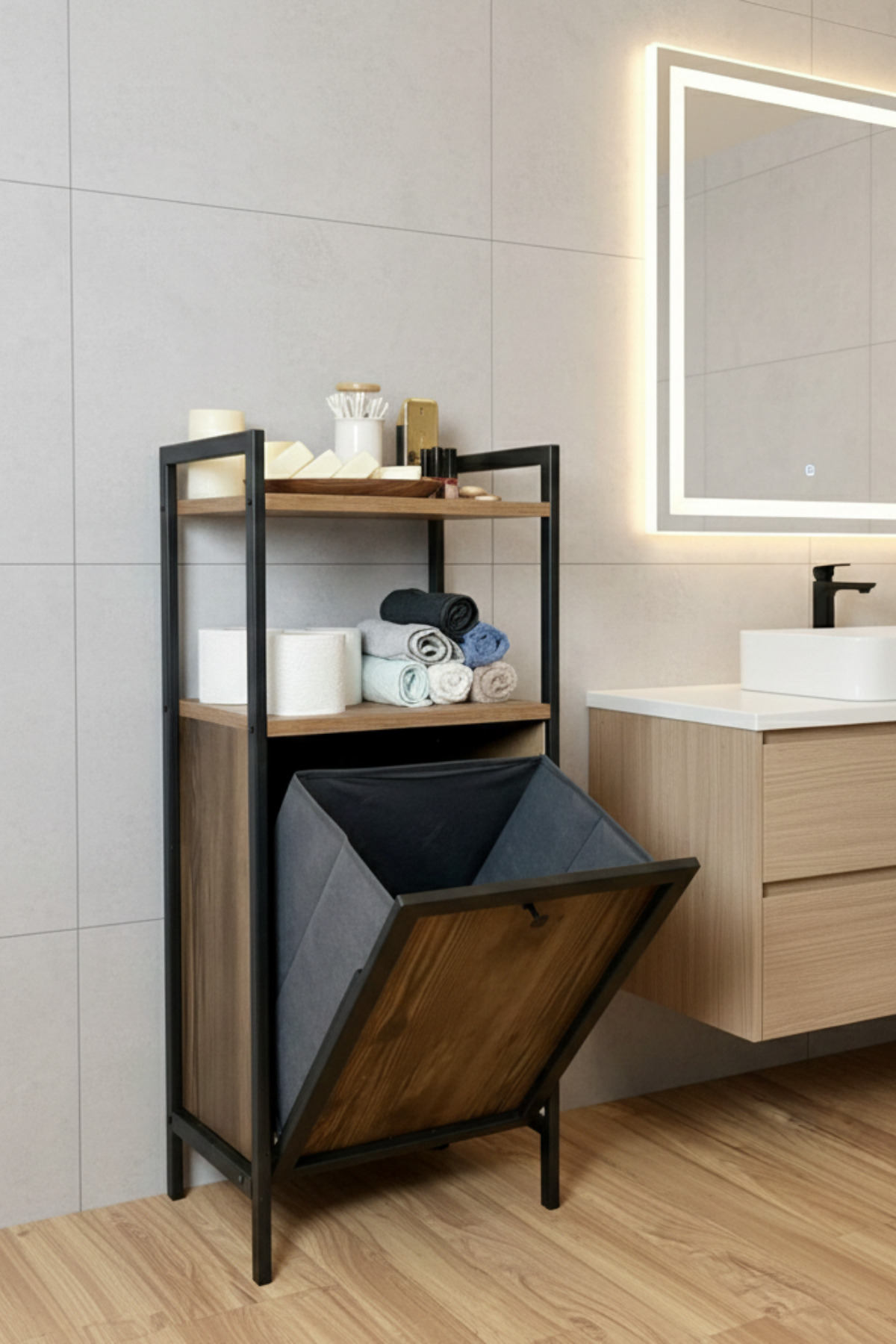Milonsa Kirli Çamaşır Sepeti Metal Ahşap Banyo Düzenleyici Kirli Sepeti Banyo Dolabı Organizer Banyo Rafı