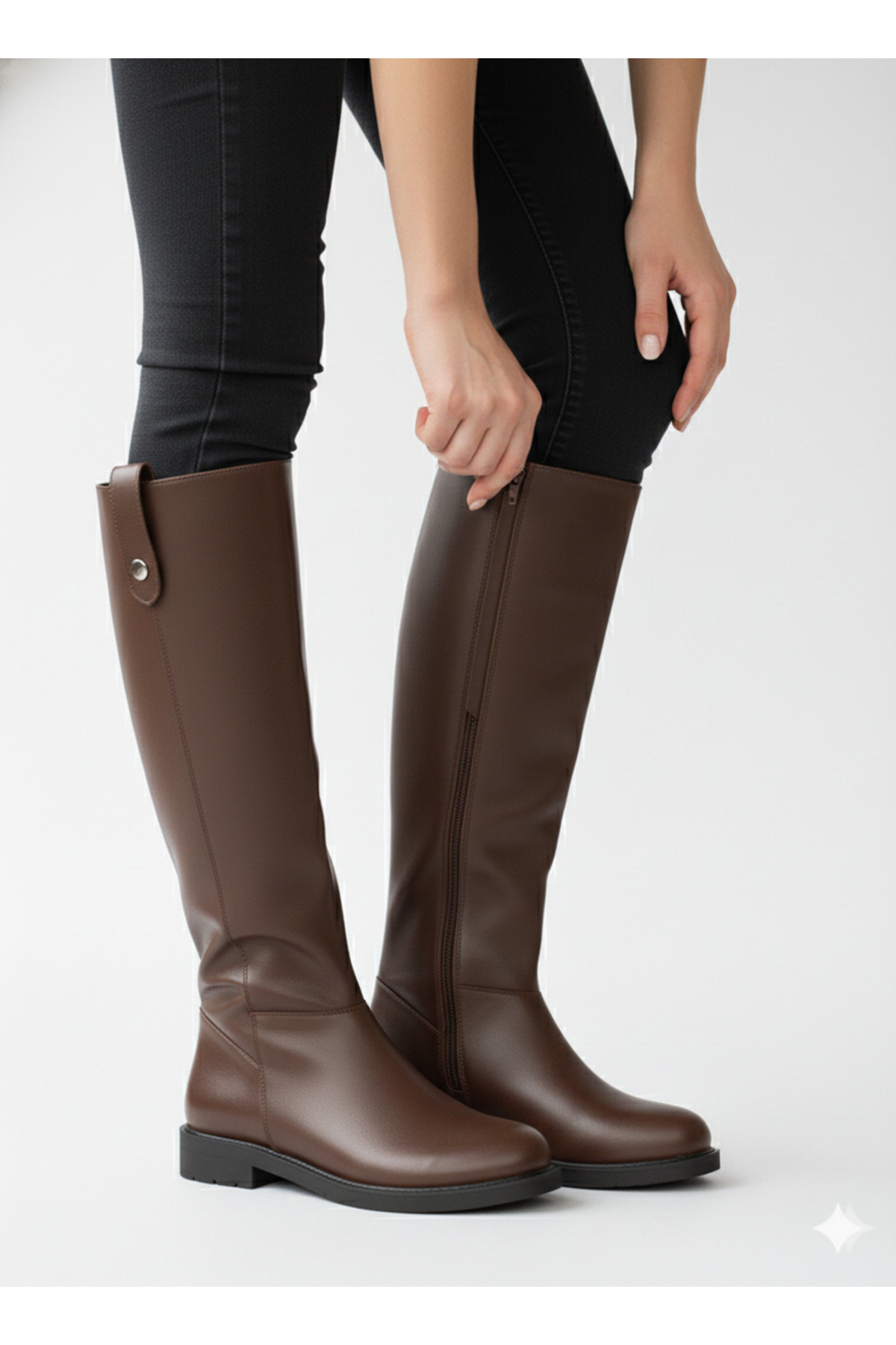 BROWN SHORT HEELS CALF PART WIDE COMFORTABLE AND STYLISH CASUAL WOMEN 'S BOOTS TMD2025501