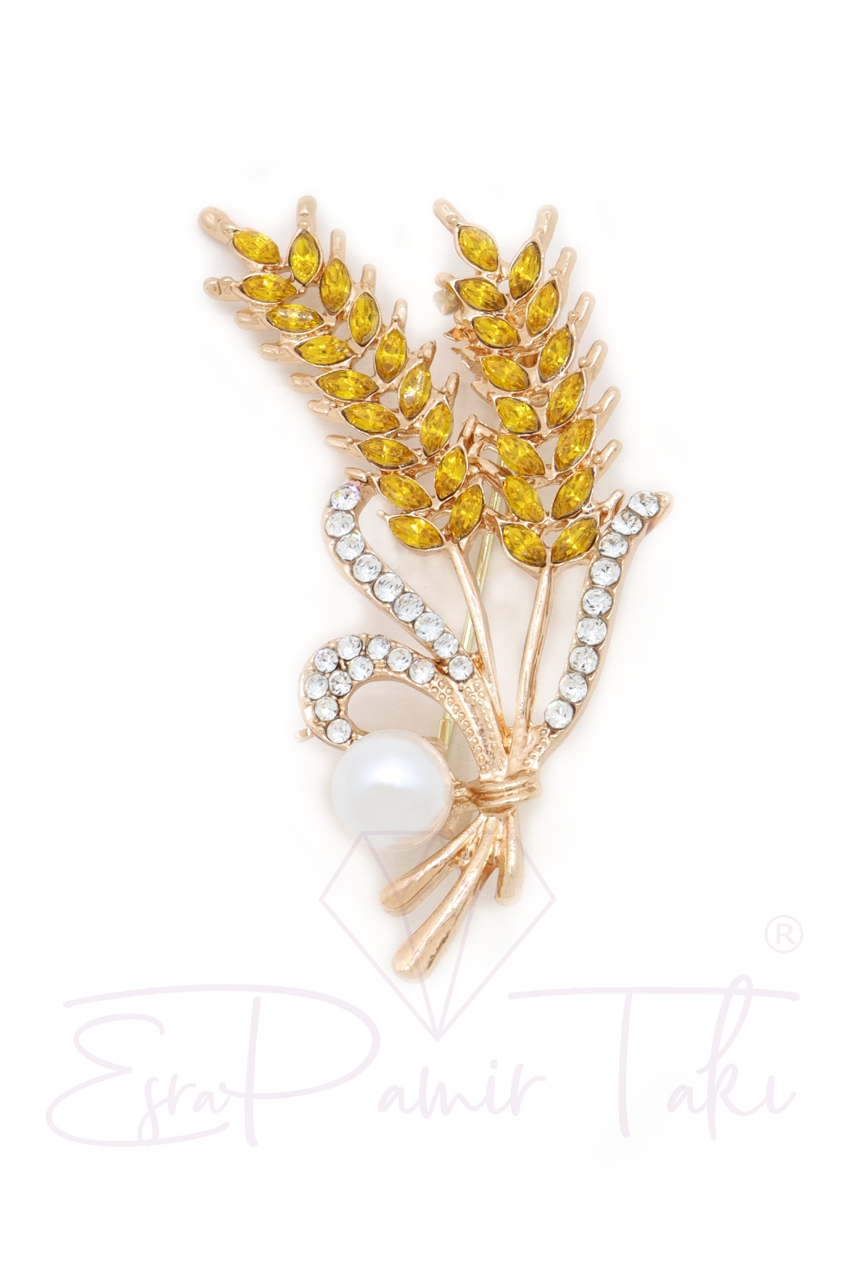 Yellow Gemstone and Pearl Virgo Leaf Brooch