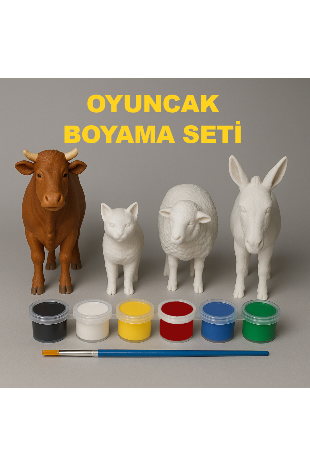 Köseoğlu Çiftlik Hayvanları Boyama Serisi 1 - Plastik Oyuncak Boyalar ve Fırça Dahil- Inek, Eşek, Koyun, Kedi