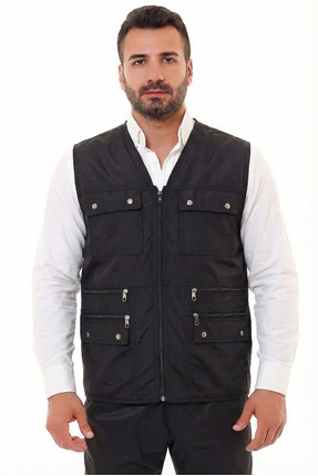 DostumGiyim Erkek Siyah Yazlık Kumaş Avcı Yelek Çok Cepli Büyük Beden Yelek B...