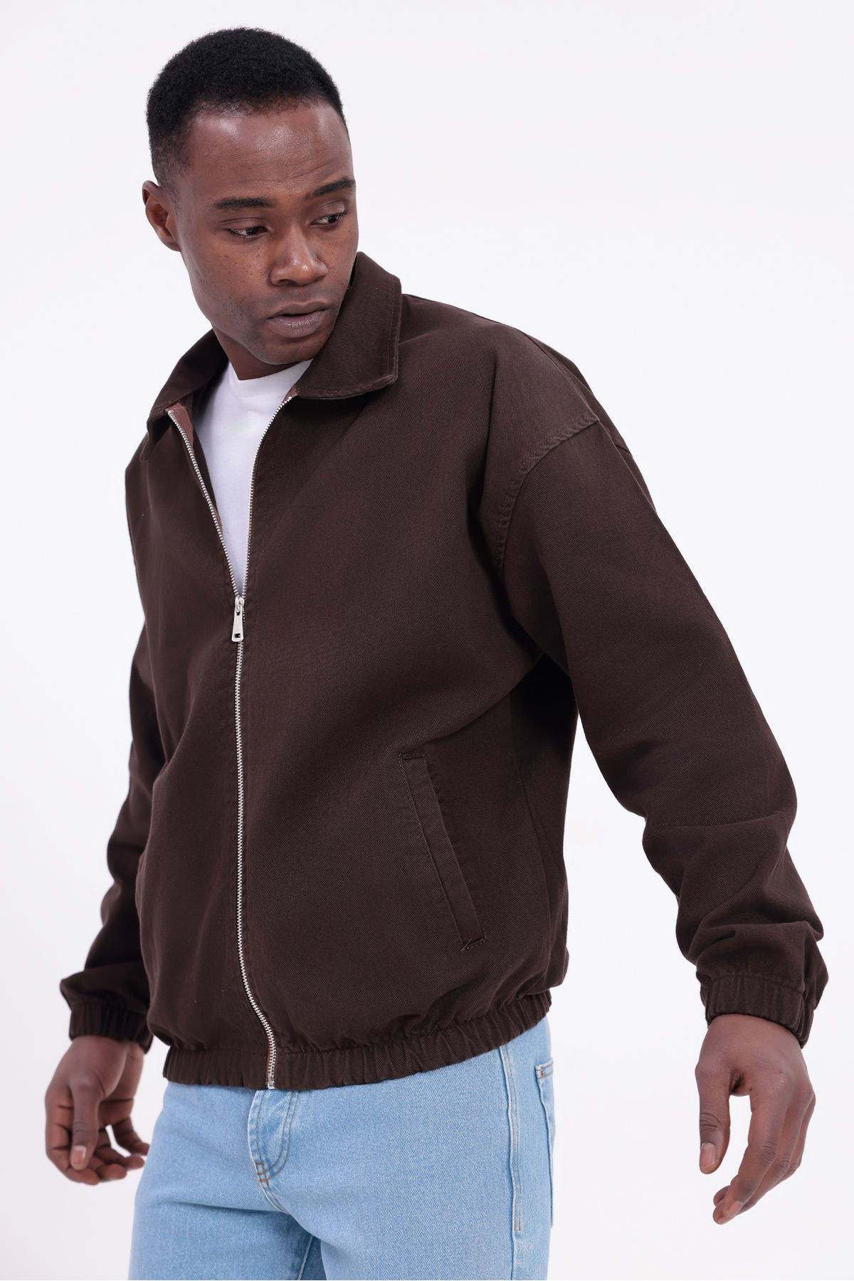 freemen  Erkek Basic Gabardin Kumaş Fermuarlı Oversize Mevsimlik Polo Yaka Kiremit Ceket