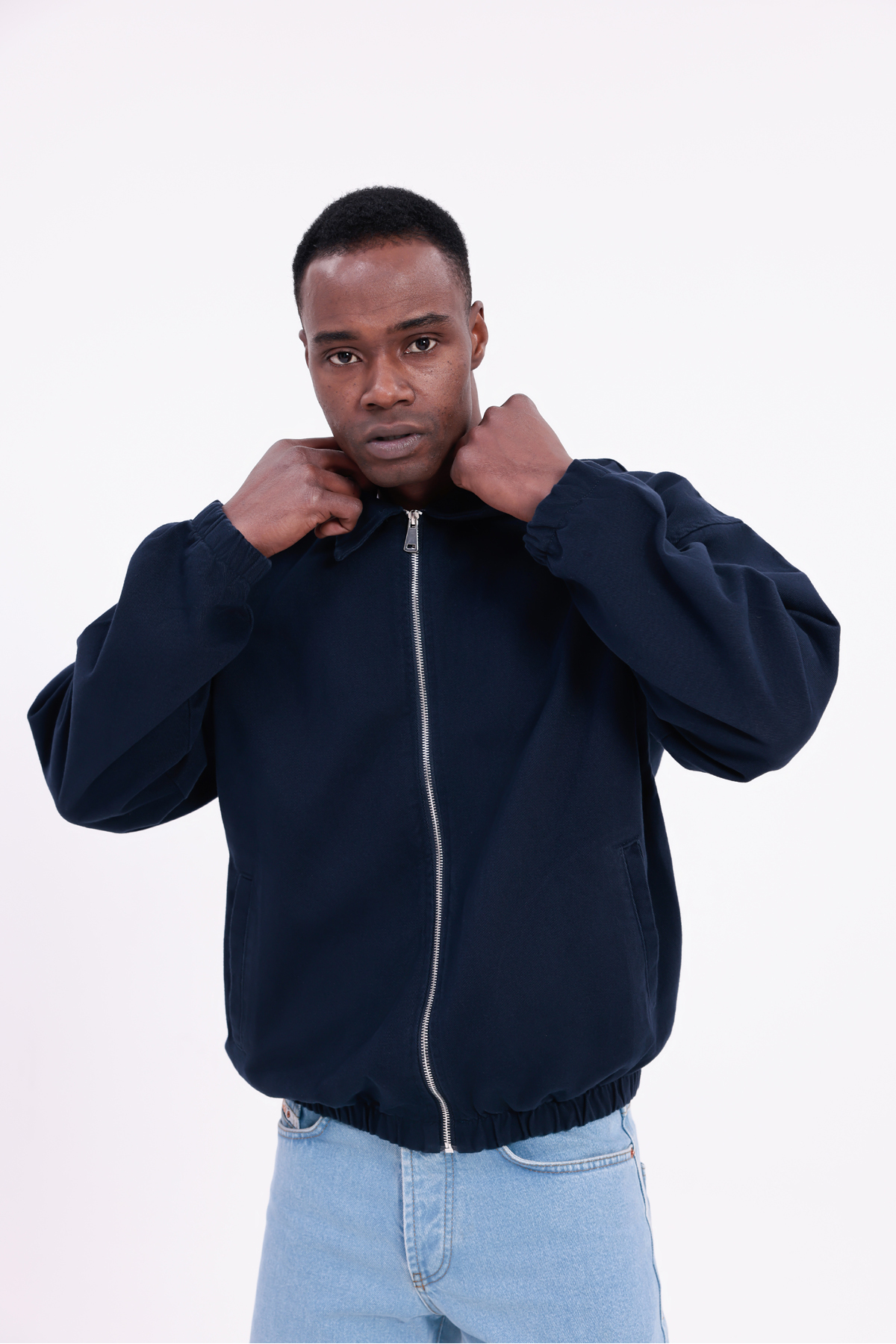 freemen  Erkek Basic Gabardin Kumaş Fermuarlı Oversize Mevsimlik Polo Yaka Lacivert Ceket - Görsel 2