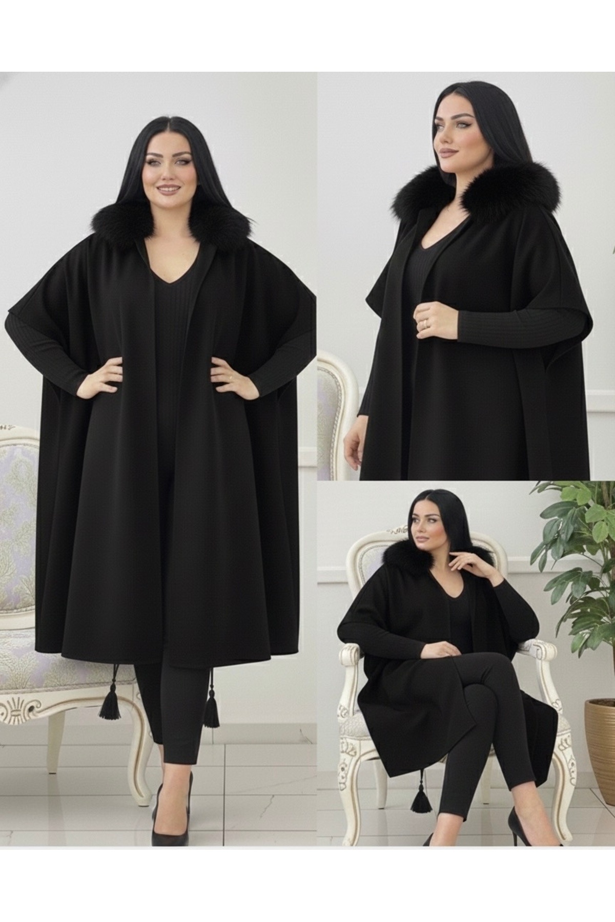 ABBA Kürk Detaylı Salaş Geniş Kesim Kolsuz Panco Siyah