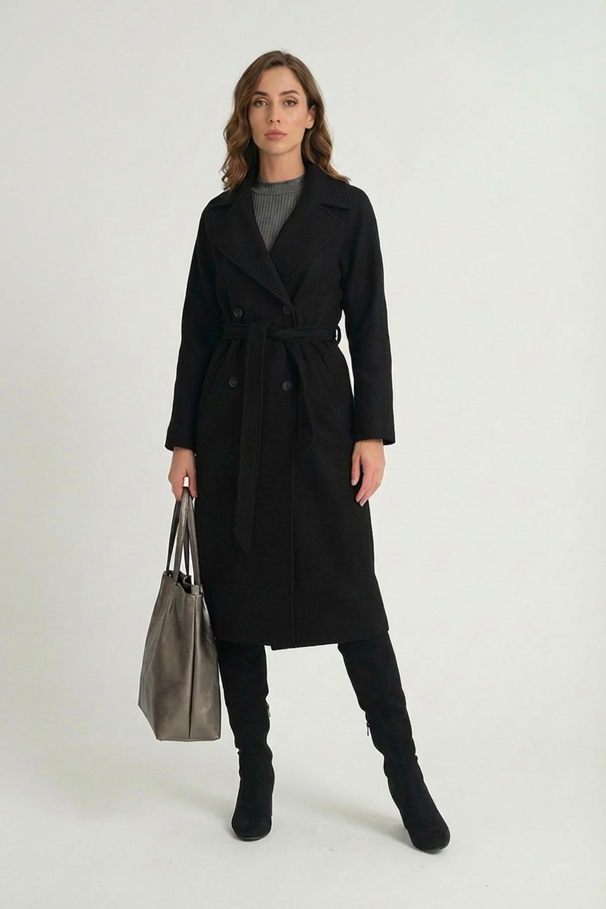 Soydan Güner  Kadın Bol Kesim Kruvaze Reglan Kol Ara Boy Kaban Siyah 1280 - Görsel 3