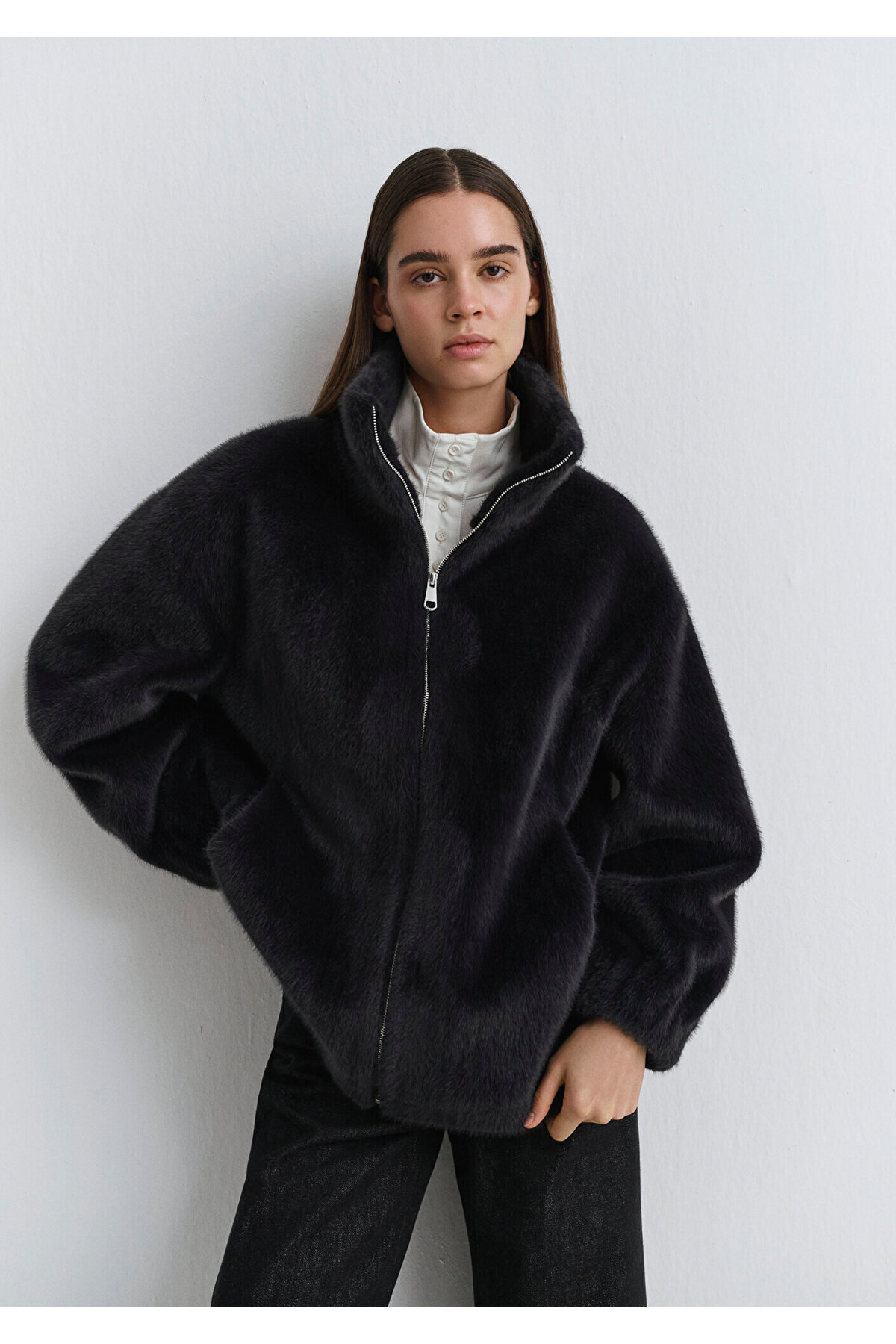 Mavi Antrasit Peluş Ceket Oversize / Geniş Kesim 1110597-84671