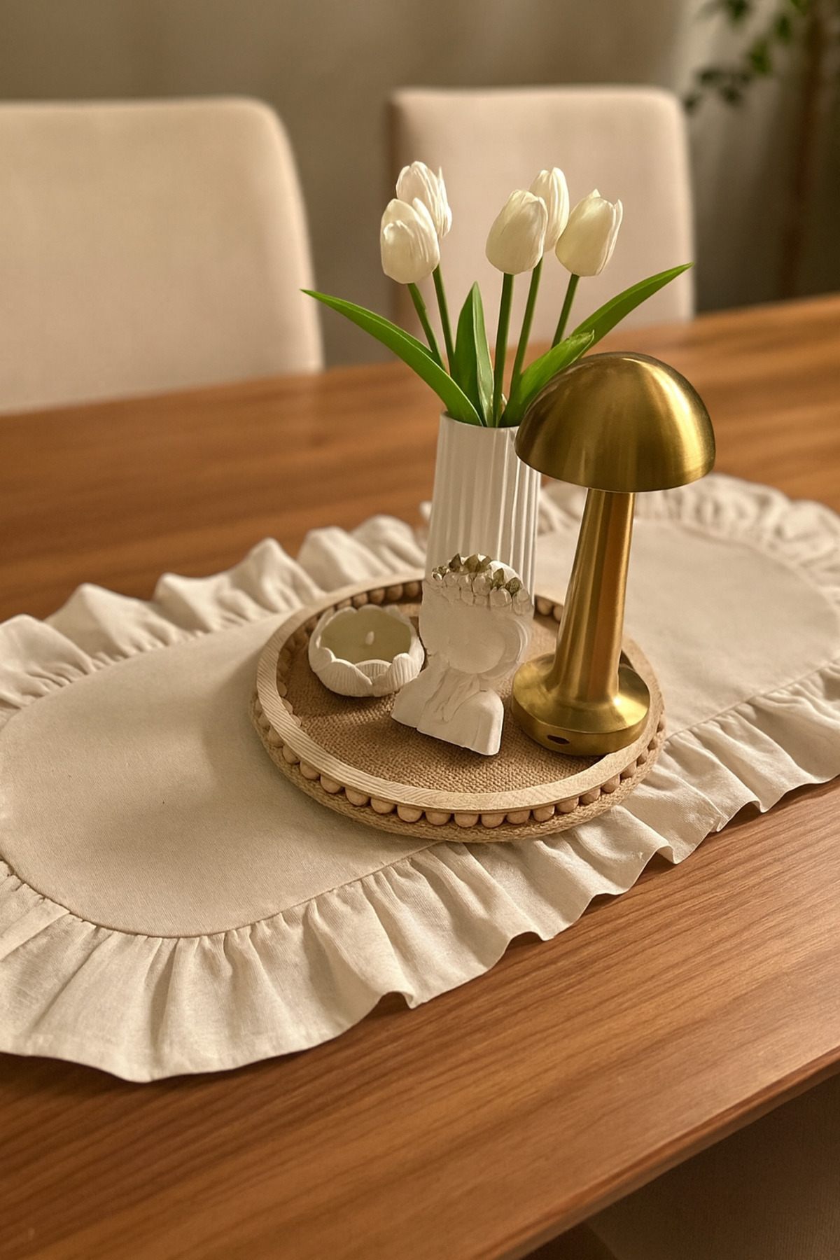 Natural Raw Linen Ruffled Oval Runner 30x80 cm Vintage